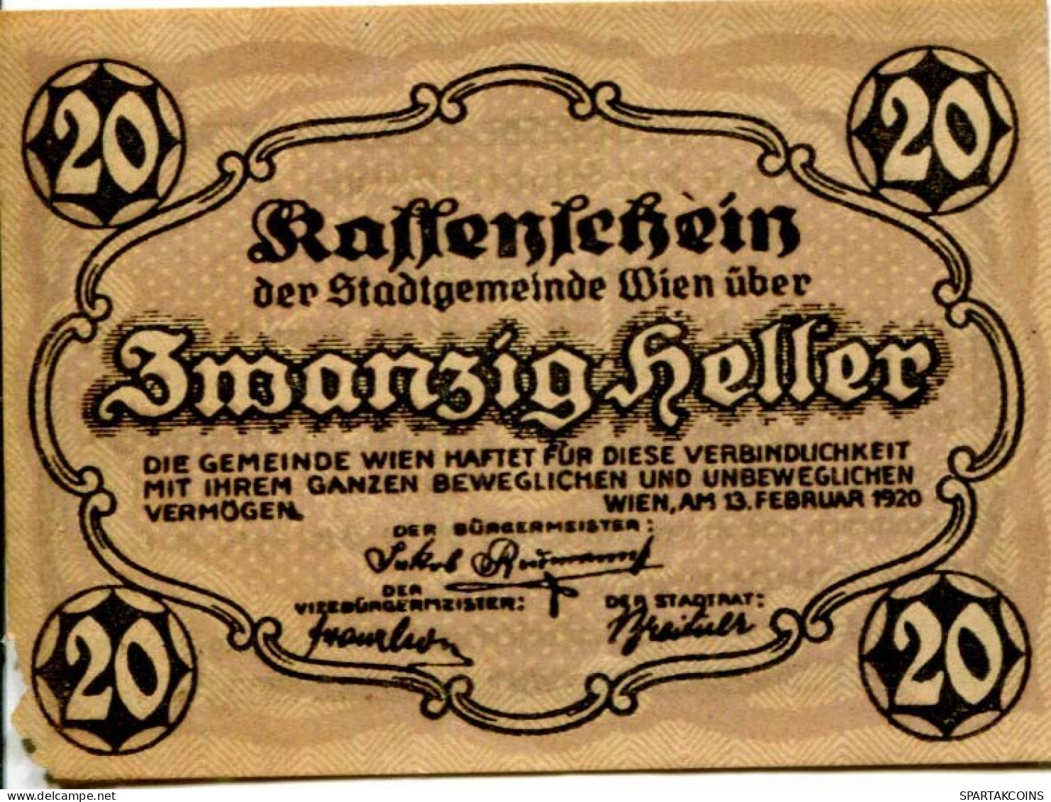 20 HELLER 1920 Stadt Wien Österreich Notgeld Papiergeld Banknote #PL563 - Lokale Ausgaben