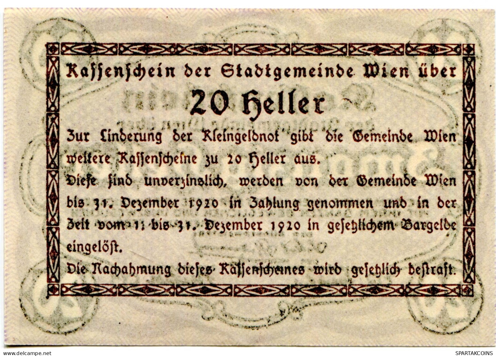 20 HELLER 1920 Stadt Wien Österreich Notgeld Papiergeld Banknote #PL557 - Lokale Ausgaben