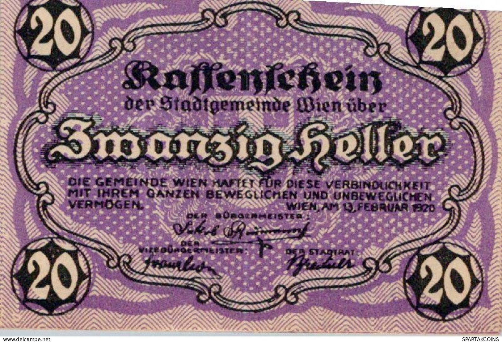 20 HELLER 1920 Stadt Wien Österreich Notgeld Banknote #PE019 - Lokale Ausgaben