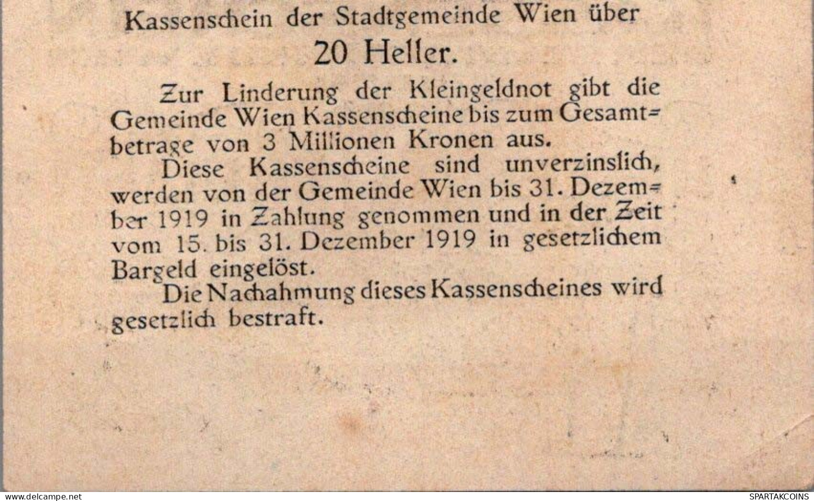 20 HELLER 1920 Stadt Wien Österreich Notgeld Banknote #PE017 - Lokale Ausgaben
