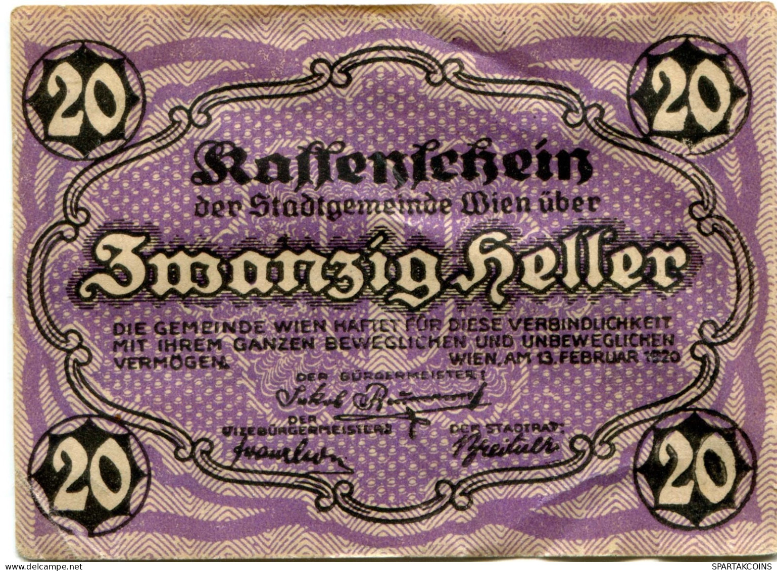 20 HELLER 1920 Stadt Wien Österreich Notgeld Papiergeld Banknote #PL552 - Lokale Ausgaben