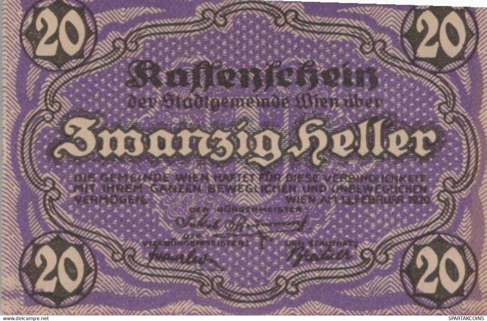 20 HELLER 1920 Stadt Wien Österreich Notgeld Banknote #PE018 - Lokale Ausgaben