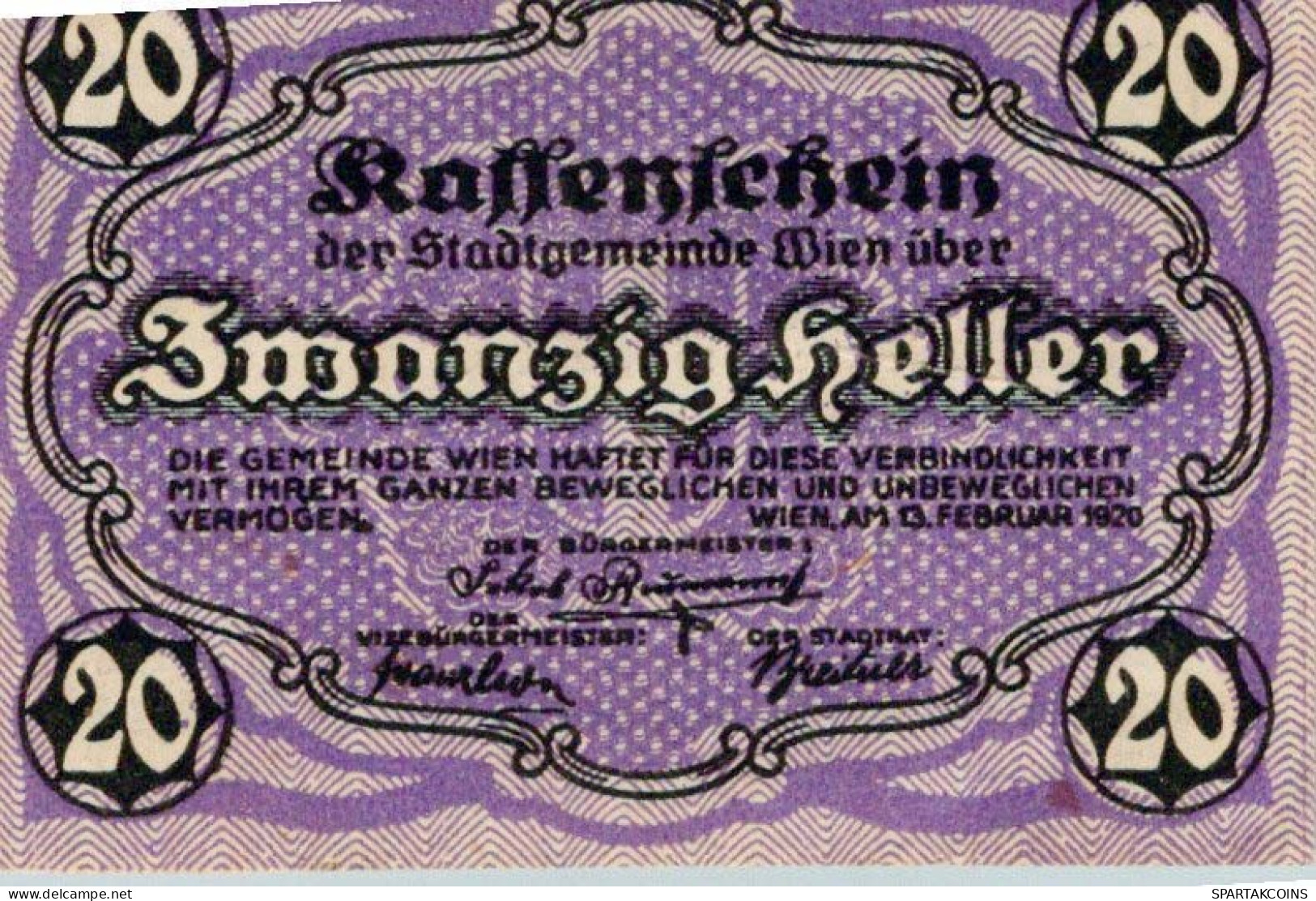 20 HELLER 1920 Stadt Wien Österreich Notgeld Banknote #PE012 - Lokale Ausgaben