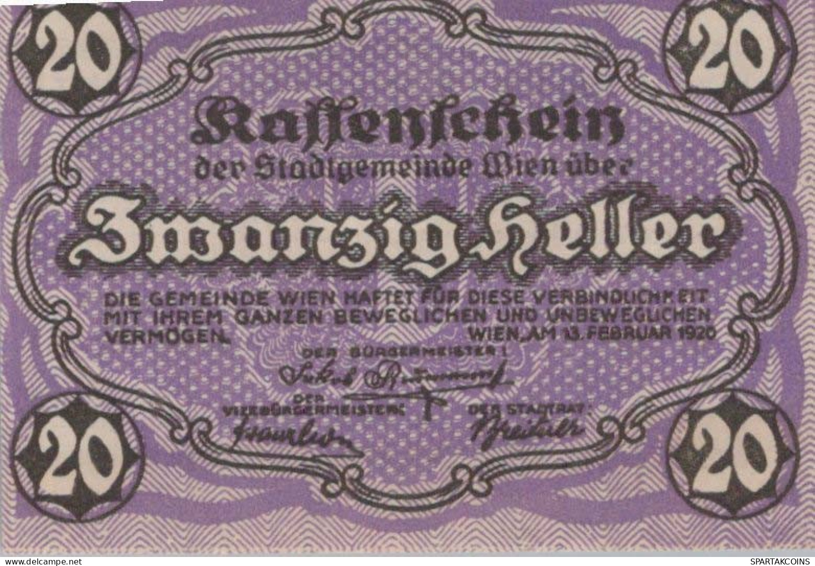 20 HELLER 1920 Stadt Wien Österreich Notgeld Banknote #PE011 - Lokale Ausgaben