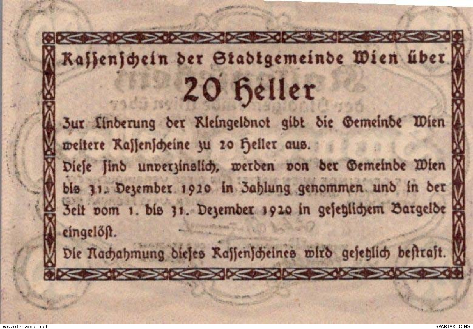 20 HELLER 1920 Stadt Wien Österreich Notgeld Banknote #PE011 - Lokale Ausgaben