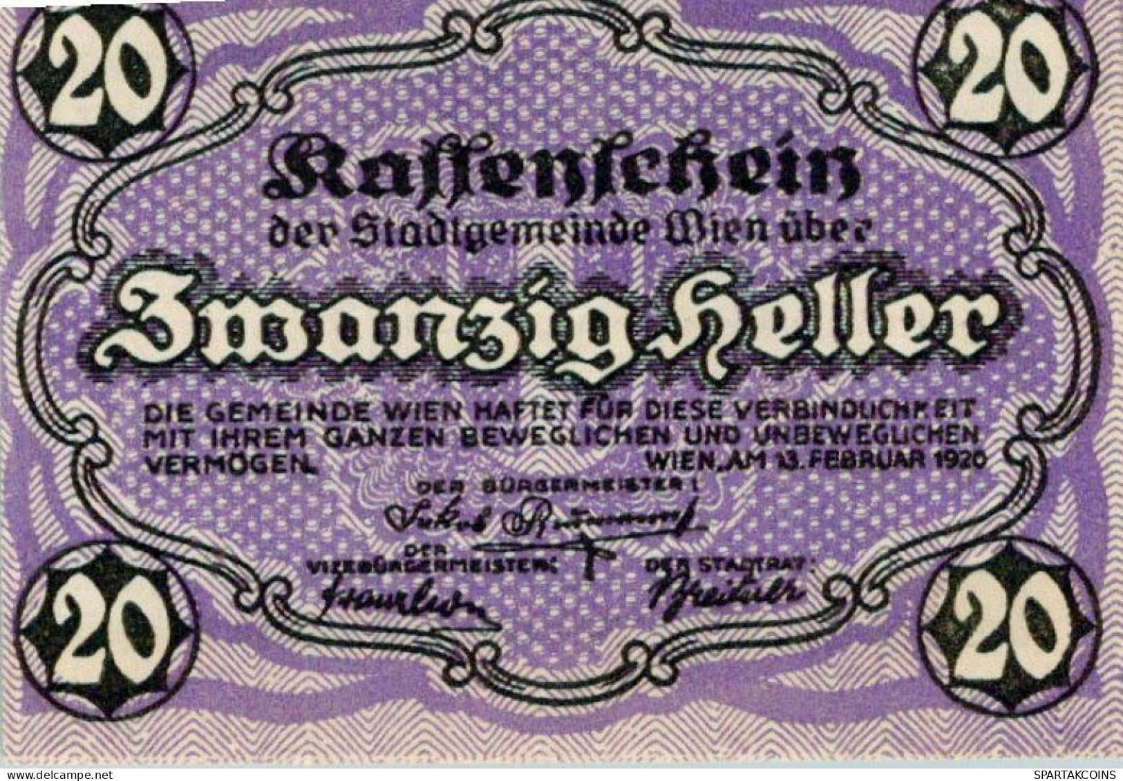 20 HELLER 1920 Stadt Wien Österreich Notgeld Banknote #PE011 - Lokale Ausgaben