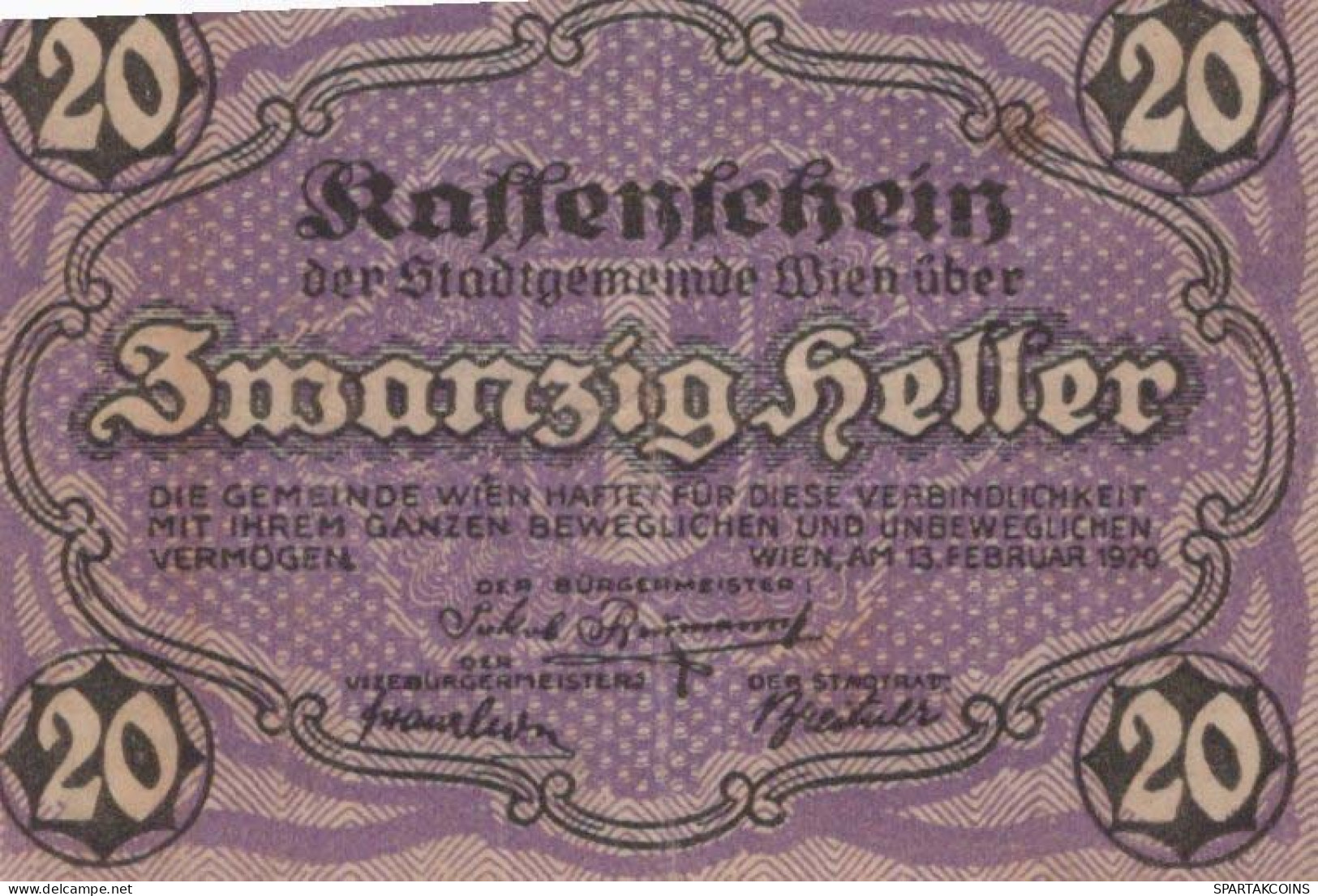 20 HELLER 1920 Stadt Wien Österreich Notgeld Banknote #PE008 - [11] Emissions Locales