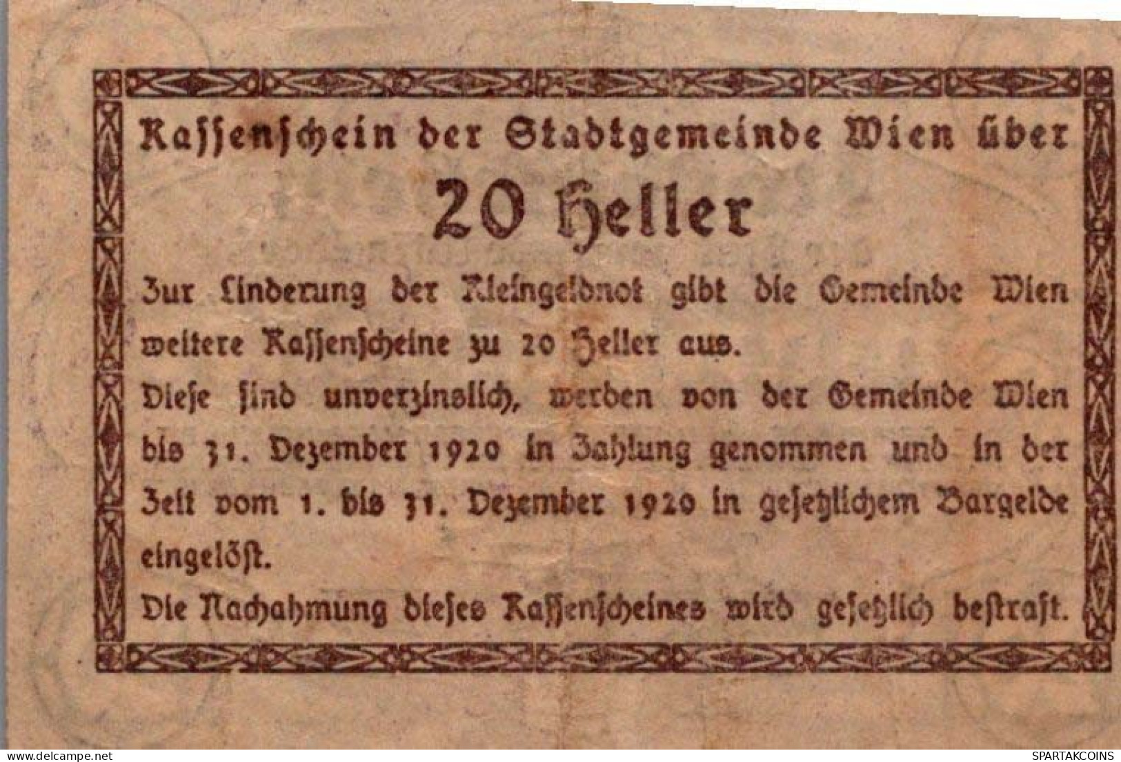 20 HELLER 1920 Stadt Wien Österreich Notgeld Banknote #PE008 - [11] Emissions Locales