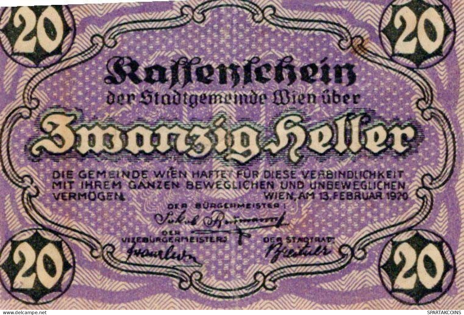 20 HELLER 1920 Stadt Wien Österreich Notgeld Banknote #PE008 - [11] Emissions Locales