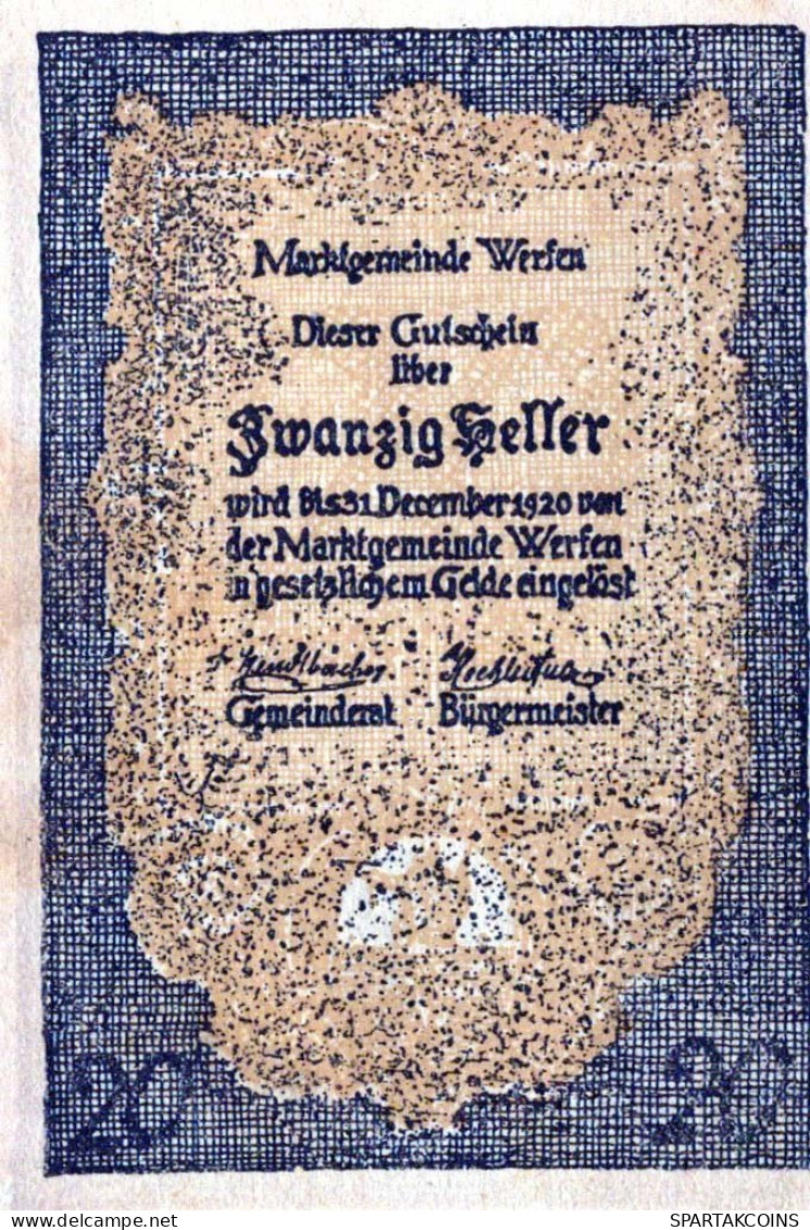 20 HELLER 1920 Stadt WERFEN Salzburg UNC Österreich Notgeld Banknote #PH069 - Lokale Ausgaben