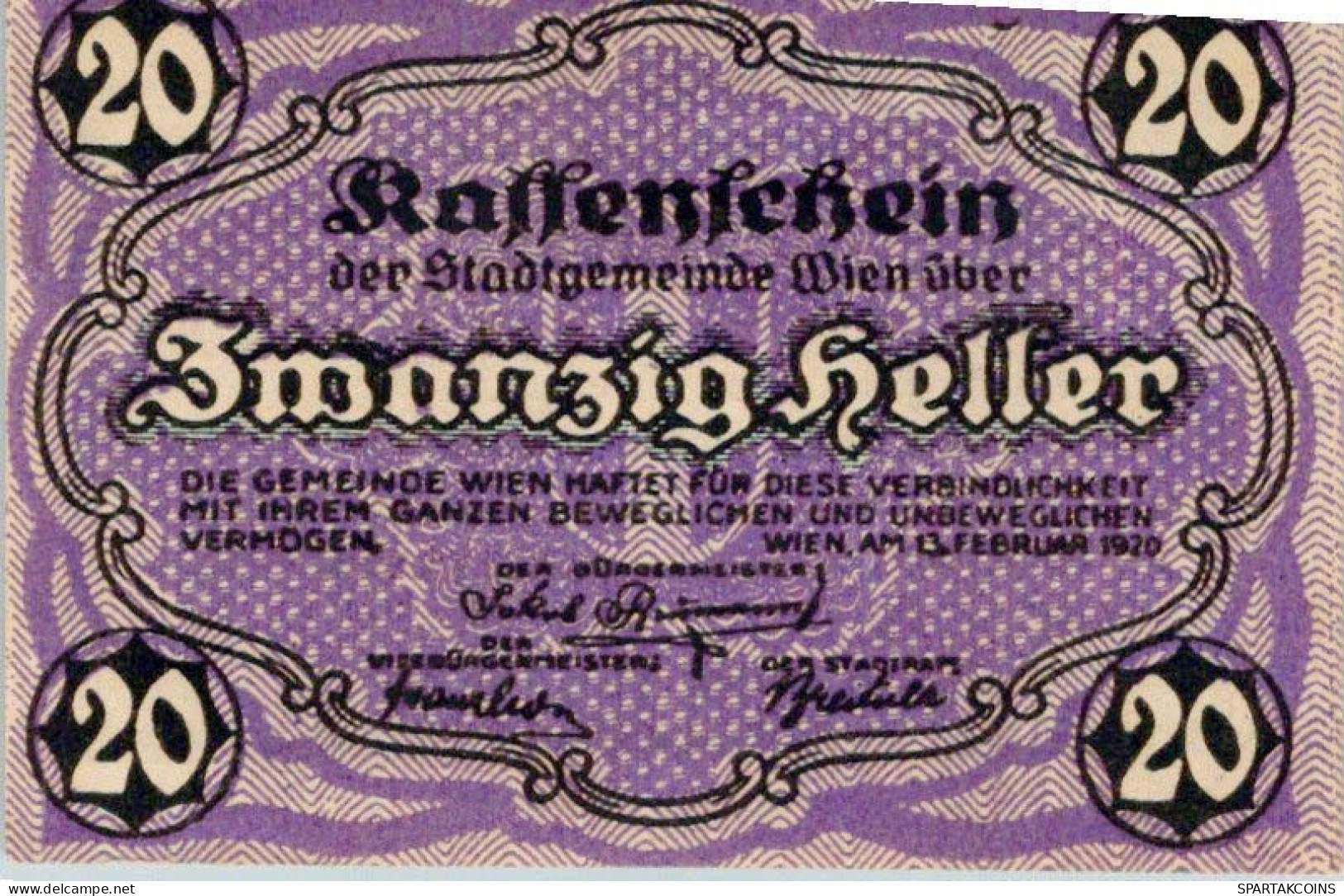 20 HELLER 1920 Stadt Wien Österreich Notgeld Banknote #PE005 - Lokale Ausgaben