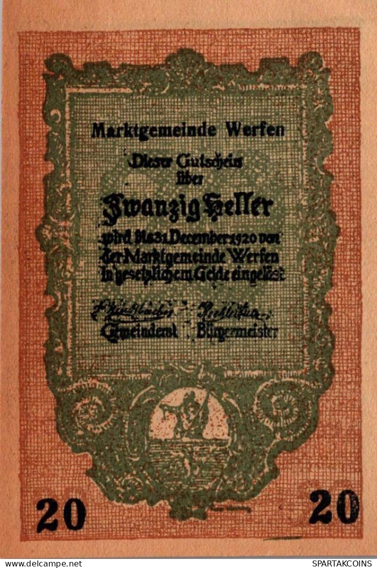 20 HELLER 1920 Stadt WERFEN Salzburg Österreich Notgeld Banknote #PF320 - Lokale Ausgaben