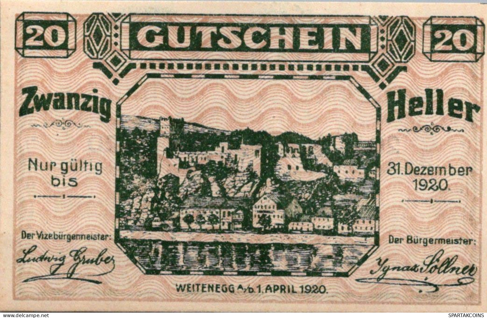 20 HELLER 1920 Stadt WEITENEGG Niedrigeren Österreich Notgeld Papiergeld Banknote #PG746 - Lokale Ausgaben