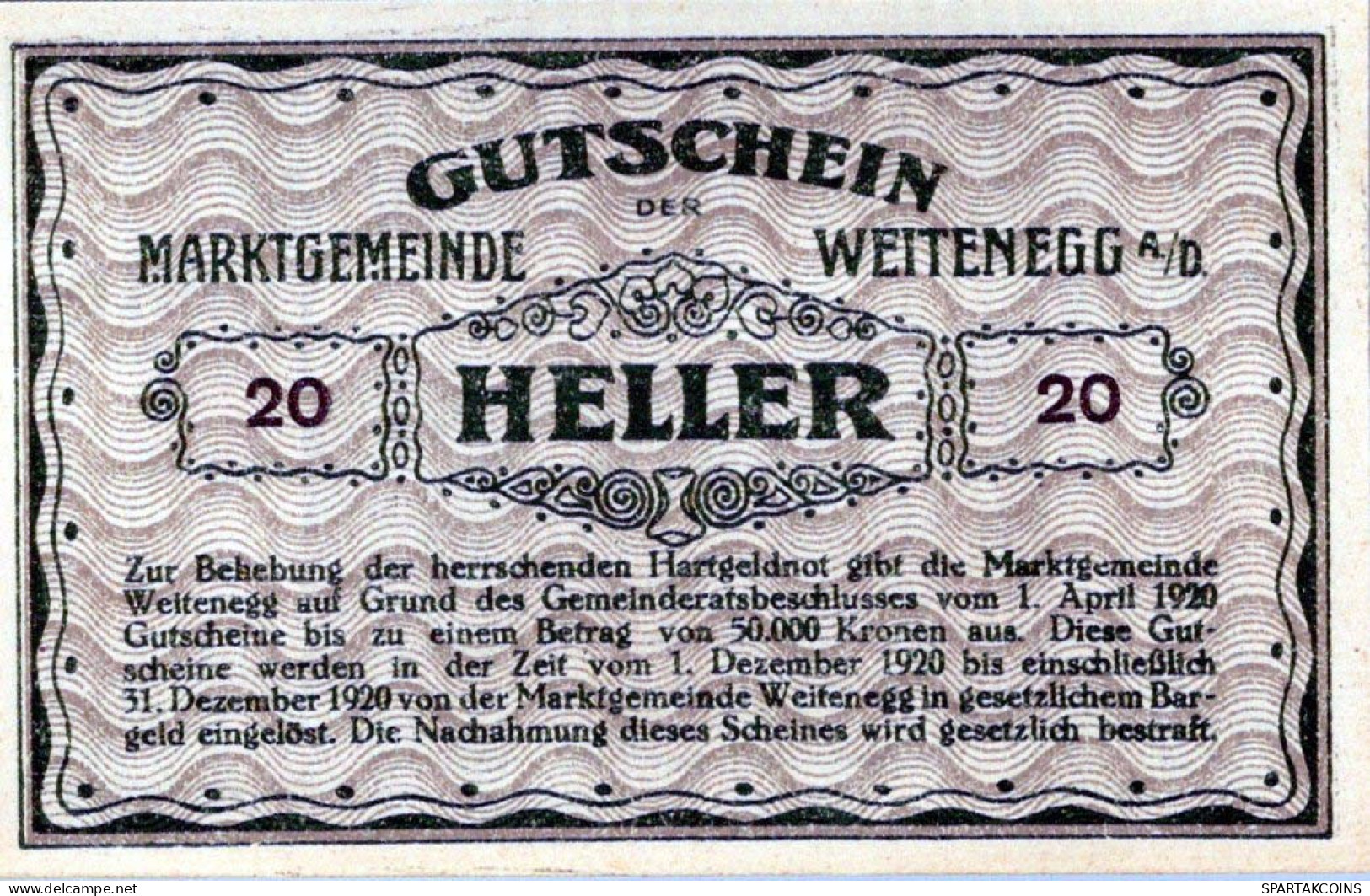 20 HELLER 1920 Stadt WEITENEGG Niedrigeren Österreich Notgeld Papiergeld Banknote #PG746 - Lokale Ausgaben