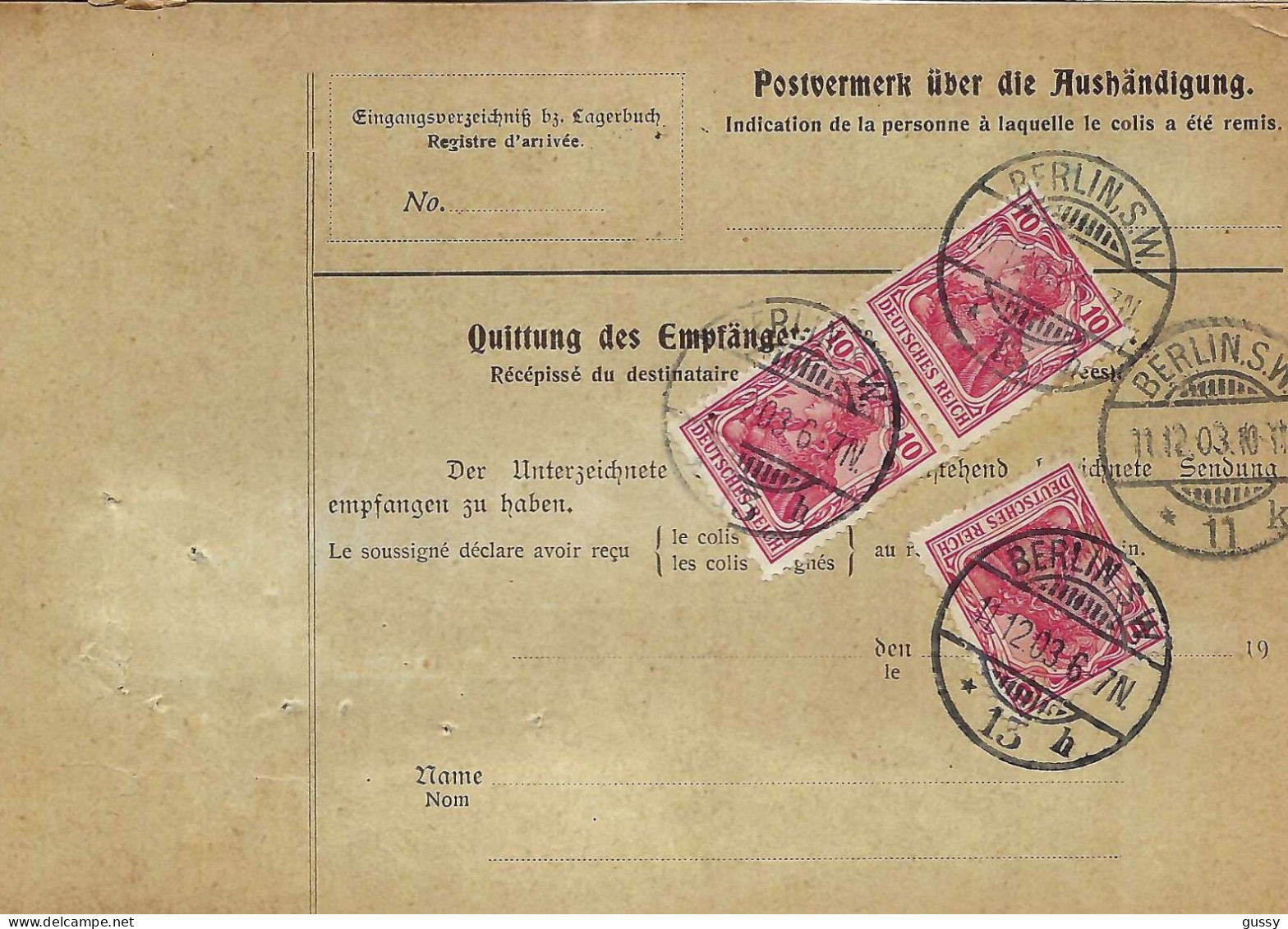 ALLEMAGNE Ca.1903: Bulletin D'Expédition CR De Berlin Pour Genève (Suisse) - Lettres & Documents