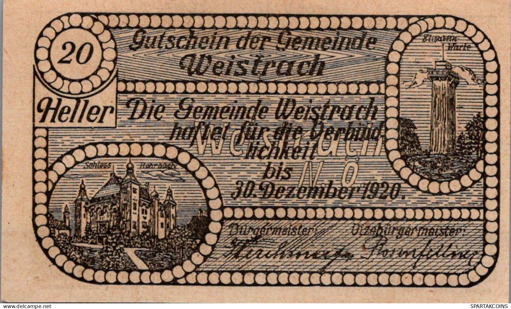 20 HELLER 1920 Stadt WEISTRACH Niedrigeren Österreich Notgeld Banknote #PE068 - Lokale Ausgaben