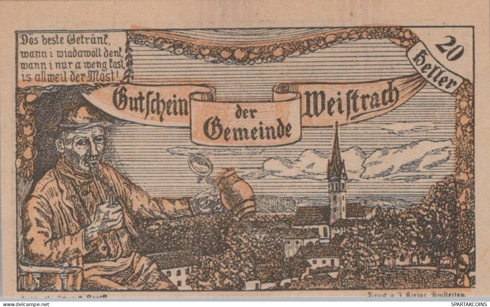 20 HELLER 1920 Stadt WEISTRACH Niedrigeren Österreich Notgeld Papiergeld Banknote #PG797 - Lokale Ausgaben