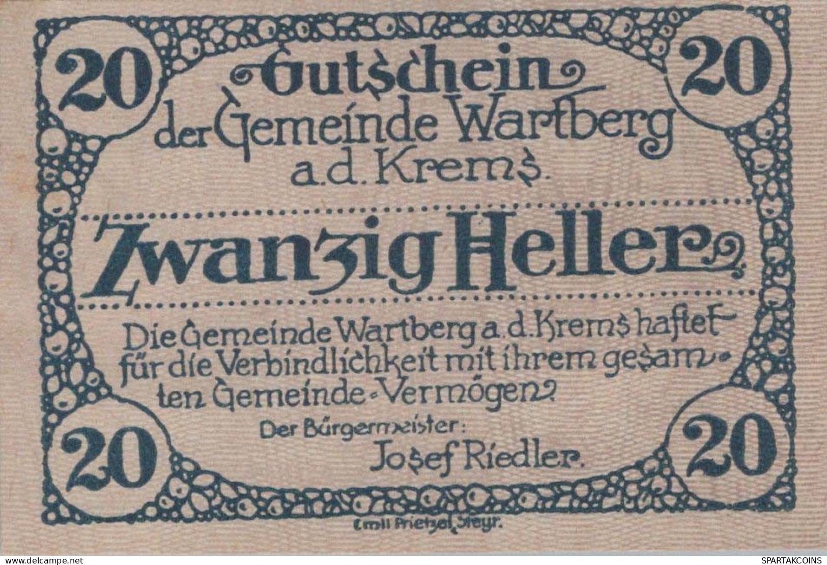 20 HELLER 1920 Stadt WARTBERG AN DER KREMS Oberösterreich Österreich Notgeld Papiergeld Banknote #PG737 - Lokale Ausgaben