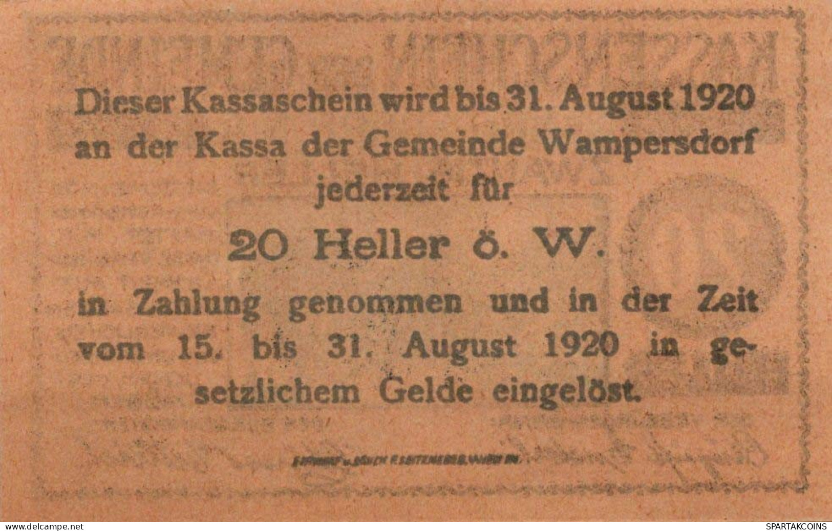 20 HELLER 1920 Stadt Wampersdorf Österreich Notgeld Papiergeld Banknote #PE051 - Lokale Ausgaben