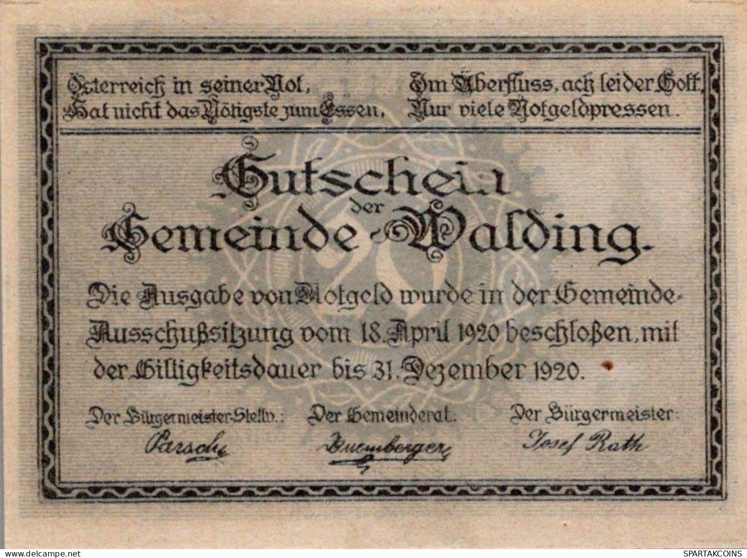 20 HELLER 1920 Stadt WALDING Oberösterreich Österreich UNC Österreich Notgeld #PH548 - Lokale Ausgaben