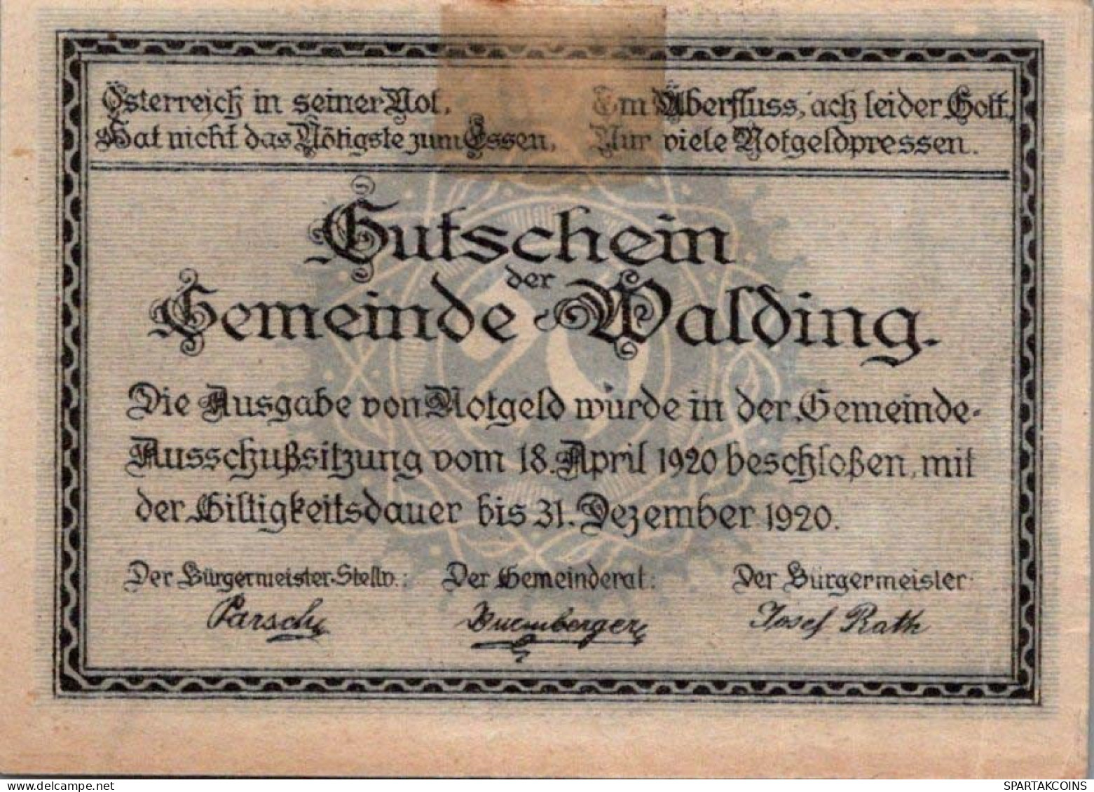 20 HELLER 1920 Stadt WALDING Oberösterreich Österreich Notgeld Banknote #PI407 - [11] Emissions Locales