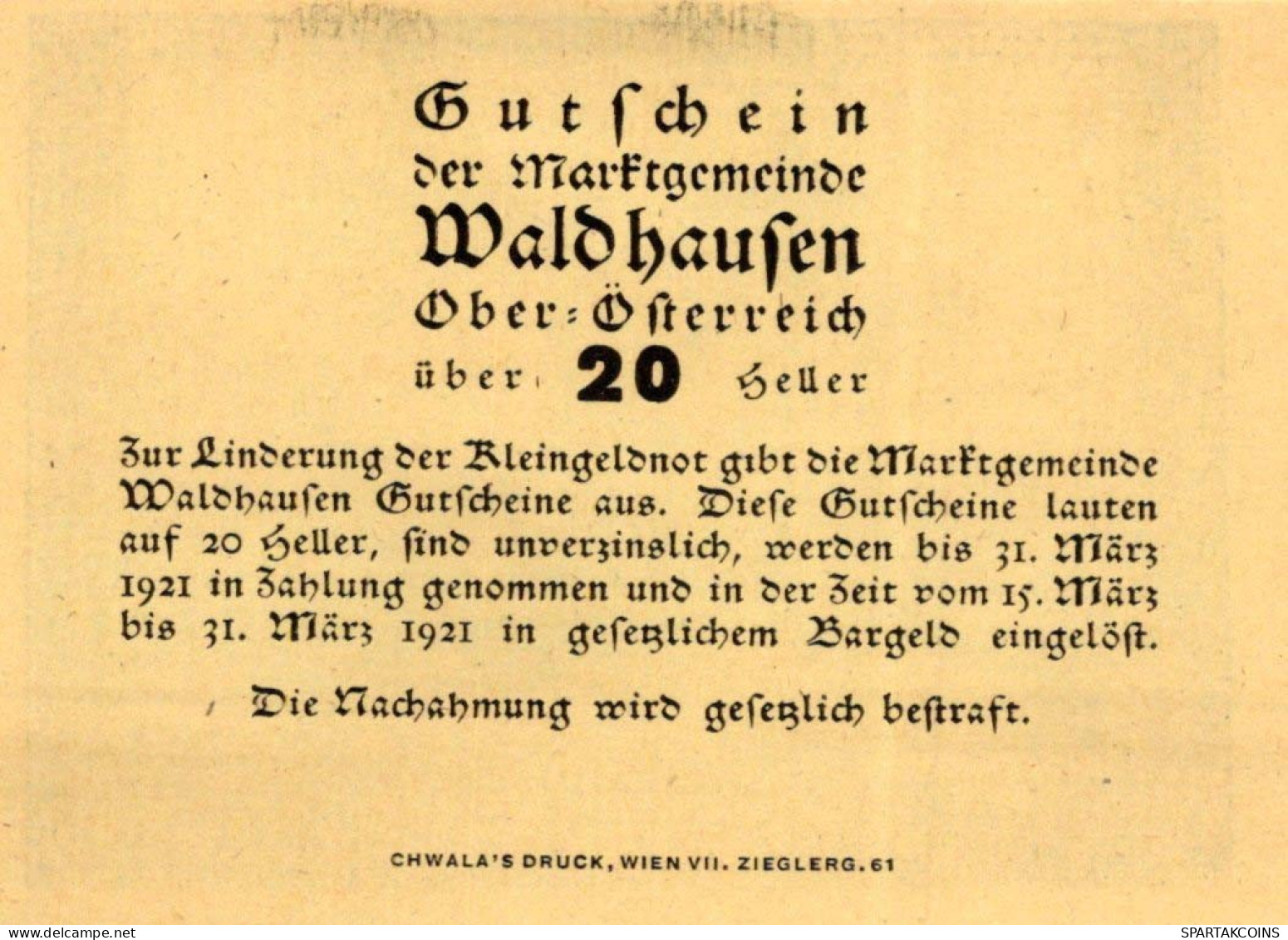 20 HELLER 1920 Stadt WALDHAUSEN Oberösterreich Österreich Notgeld Papiergeld Banknote #PG739 - Lokale Ausgaben