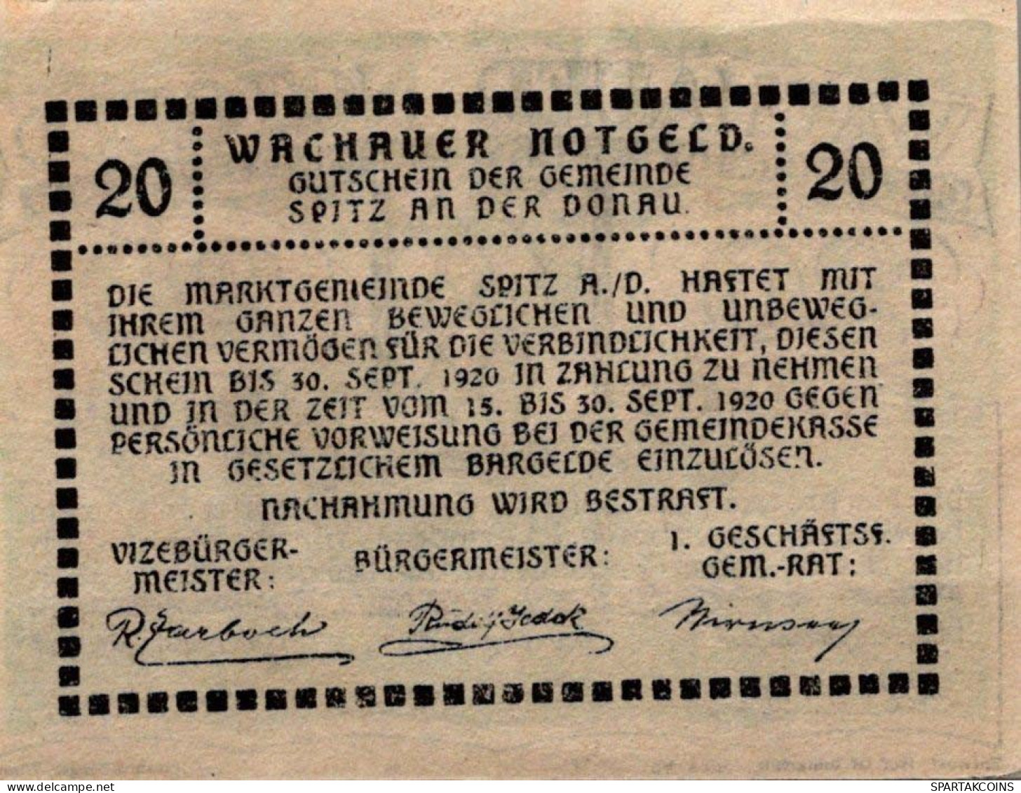 20 HELLER 1920 Stadt WACHAU Niedrigeren Österreich UNC Österreich Notgeld #PH431 - [11] Lokale Uitgaven