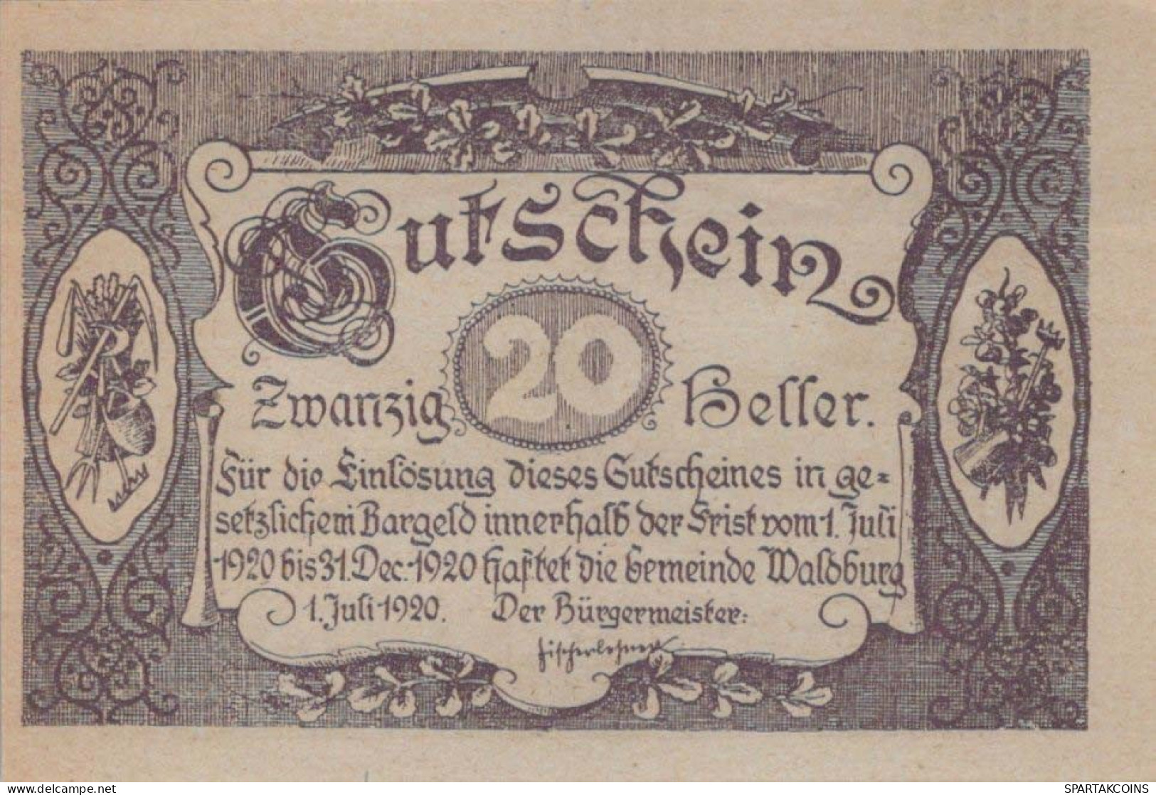 20 HELLER 1920 Stadt WALDBURG Oberösterreich Österreich Notgeld Papiergeld Banknote #PG785 - Lokale Ausgaben