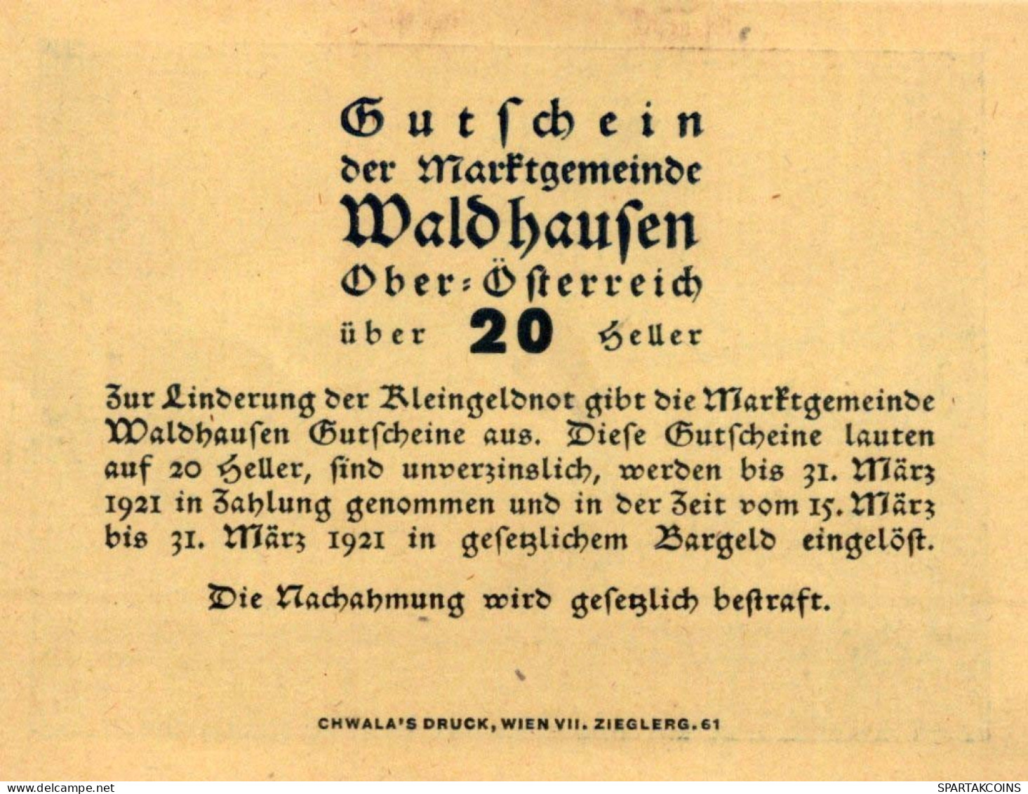 20 HELLER 1920 Stadt WALDHAUSEN Oberösterreich Österreich Notgeld #PF289 - [11] Emissions Locales