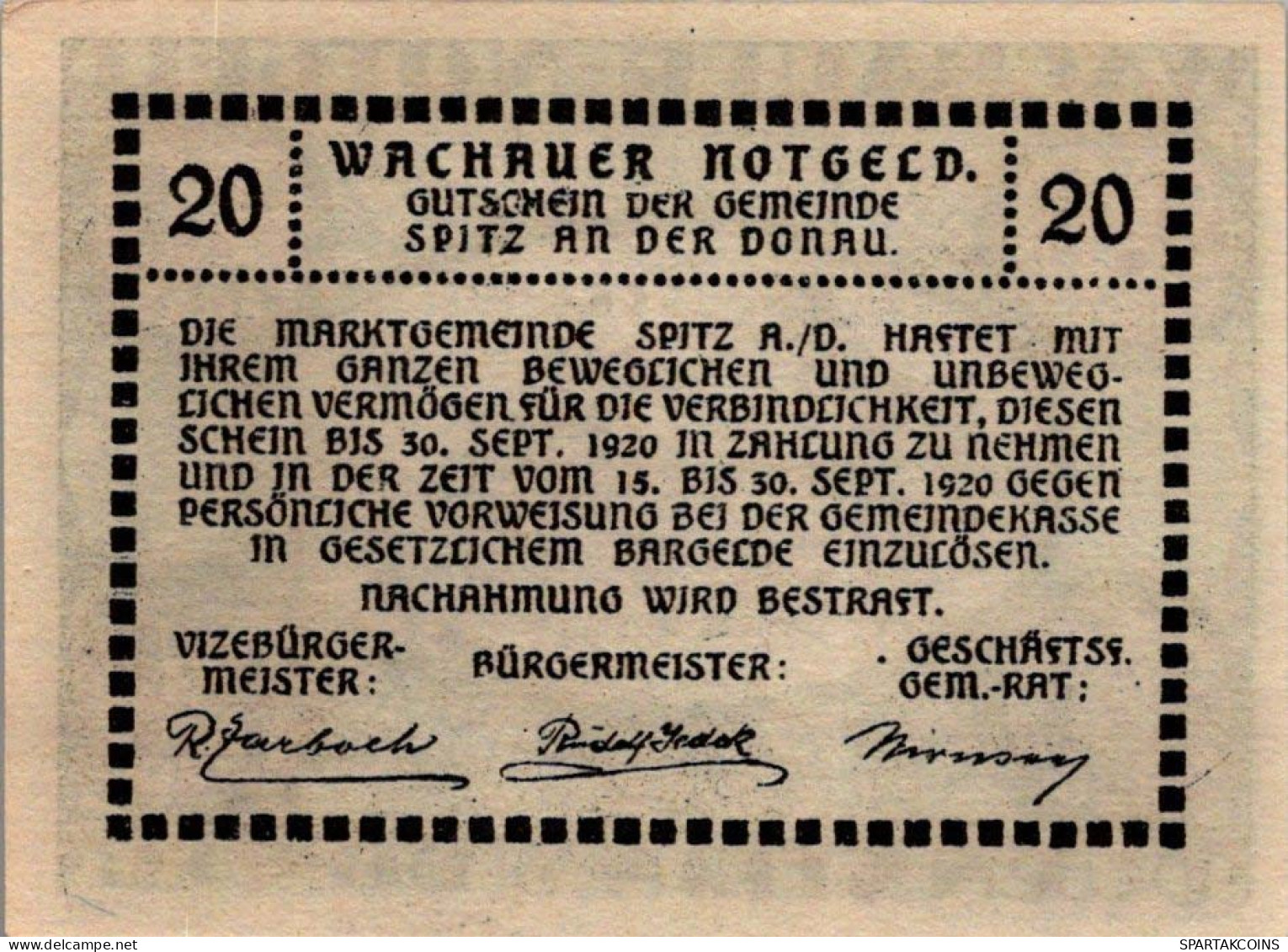 20 HELLER 1920 Stadt WACHAU Niedrigeren Österreich Notgeld Papiergeld Banknote #PG723 - Lokale Ausgaben