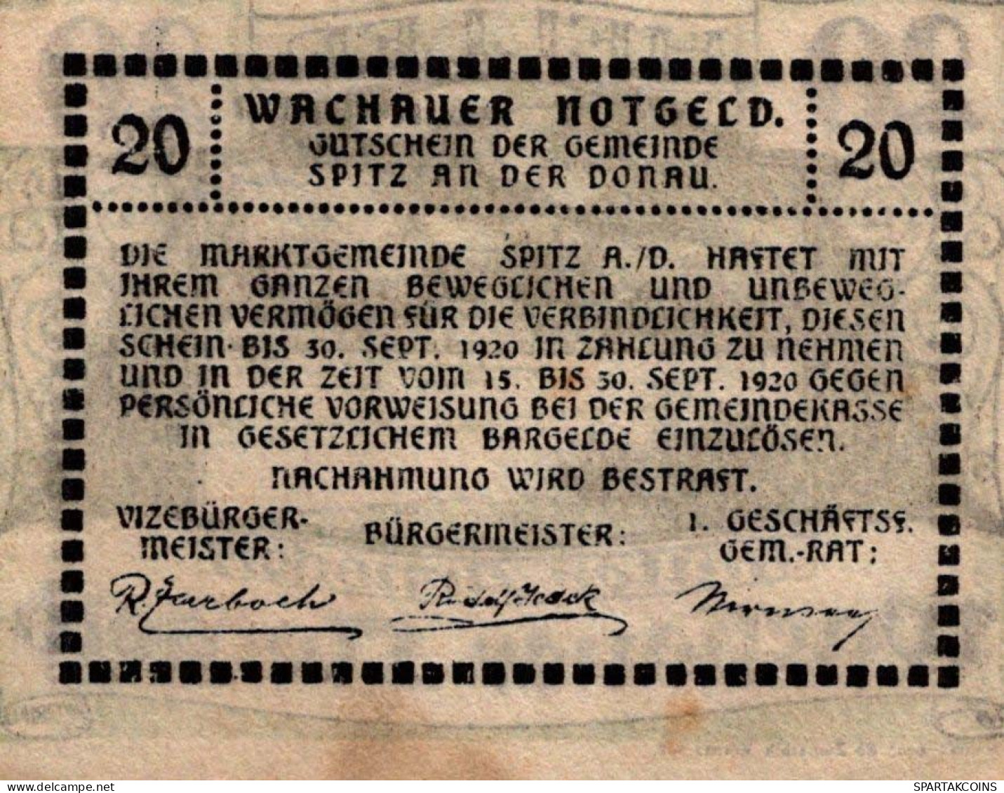 20 HELLER 1920 Stadt WACHAU Niedrigeren Österreich Notgeld Banknote #PF325 - Lokale Ausgaben