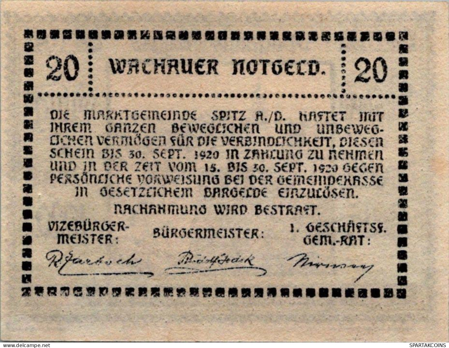20 HELLER 1920 Stadt WACHAU Niedrigeren Österreich Notgeld Banknote #PF326 - Lokale Ausgaben