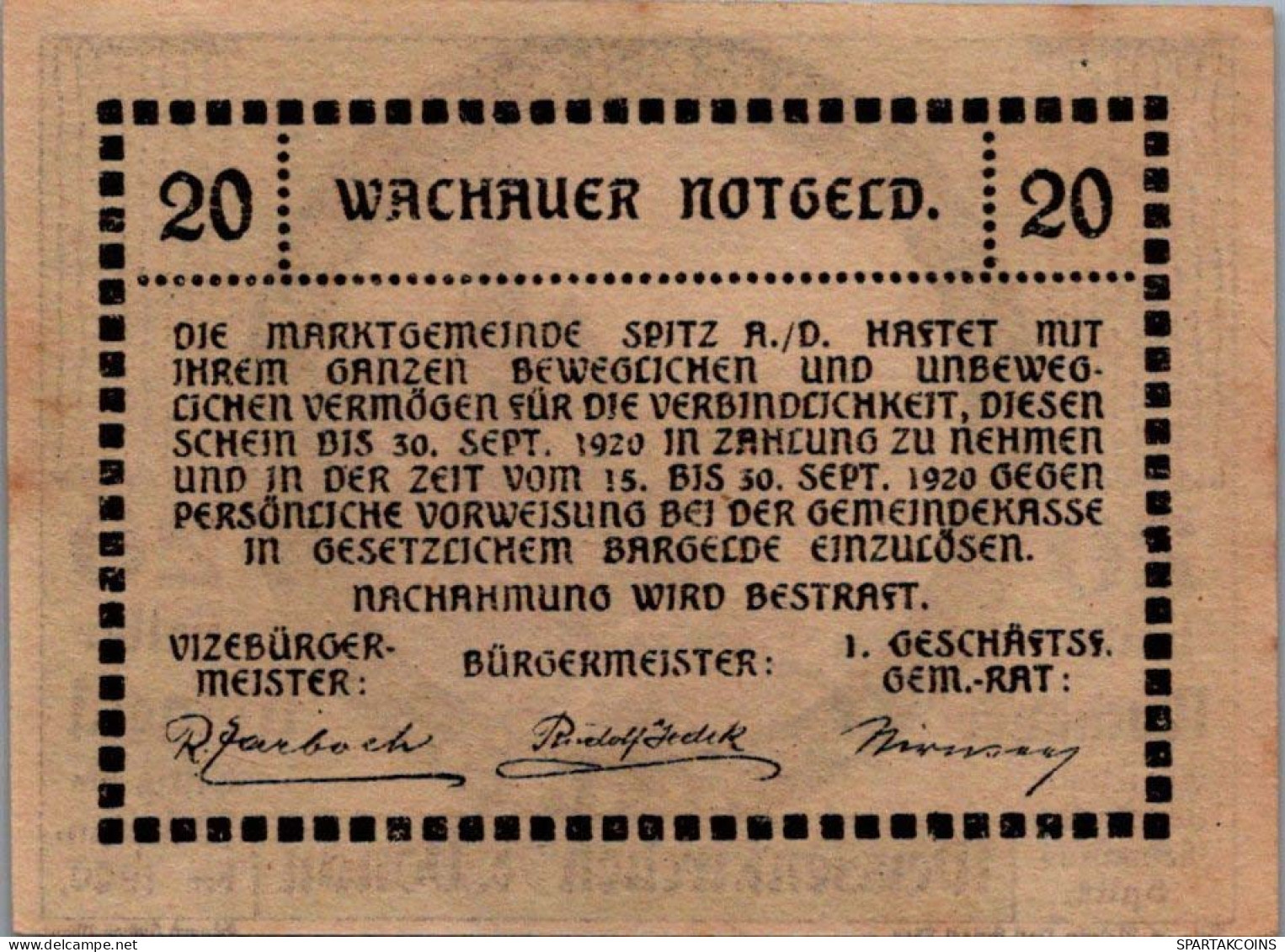 20 HELLER 1920 Stadt WACHAU Niedrigeren Österreich Notgeld Banknote #PF315 - [11] Emissions Locales
