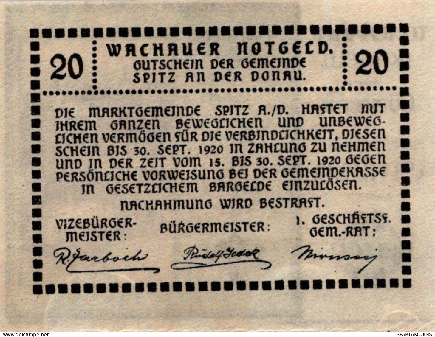 20 HELLER 1920 Stadt WACHAU Niedrigeren Österreich Notgeld Banknote #PE721 - [11] Lokale Uitgaven