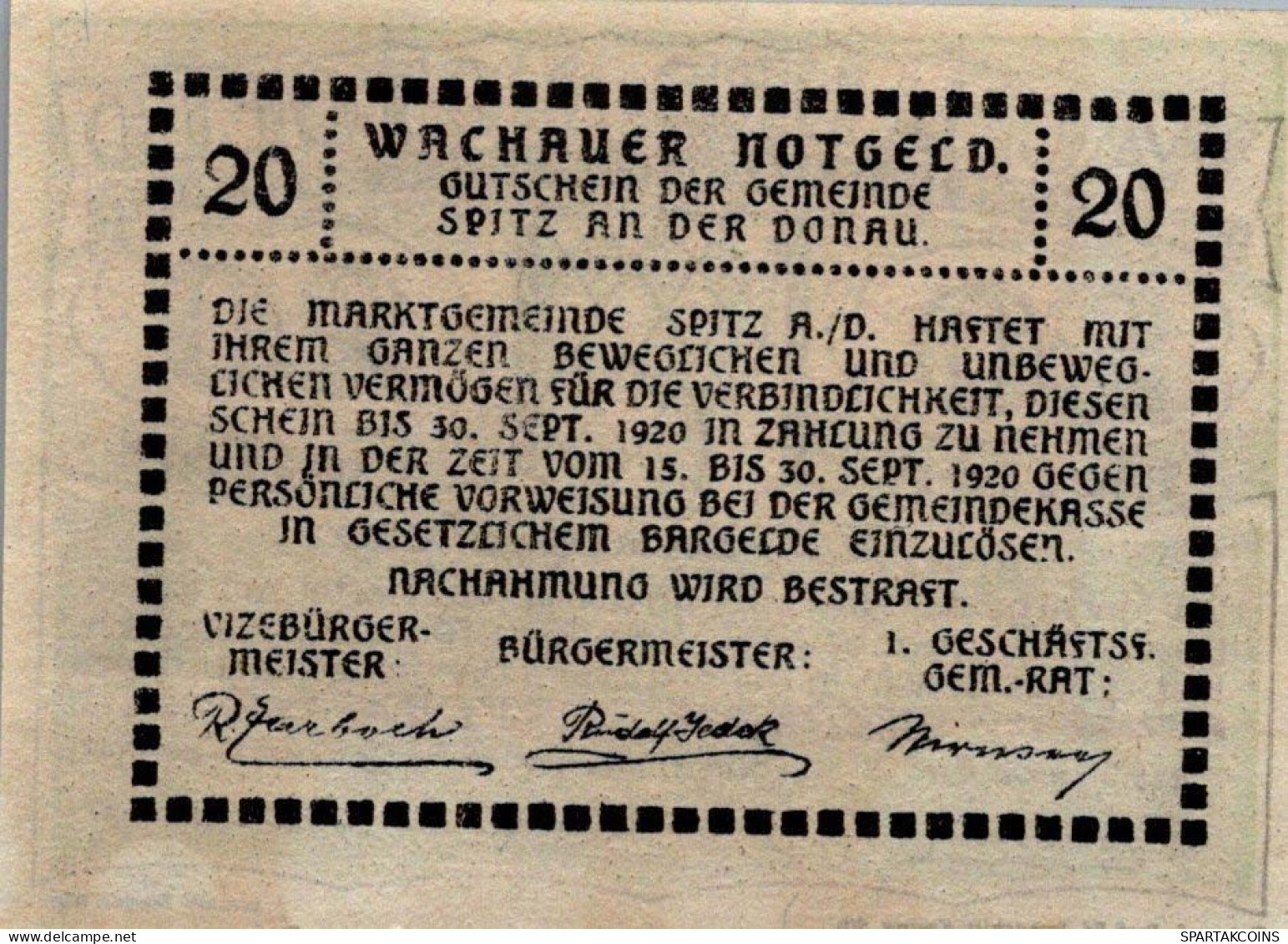 20 HELLER 1920 Stadt WACHAU Niedrigeren Österreich Notgeld Banknote #PE711 - [11] Emissions Locales