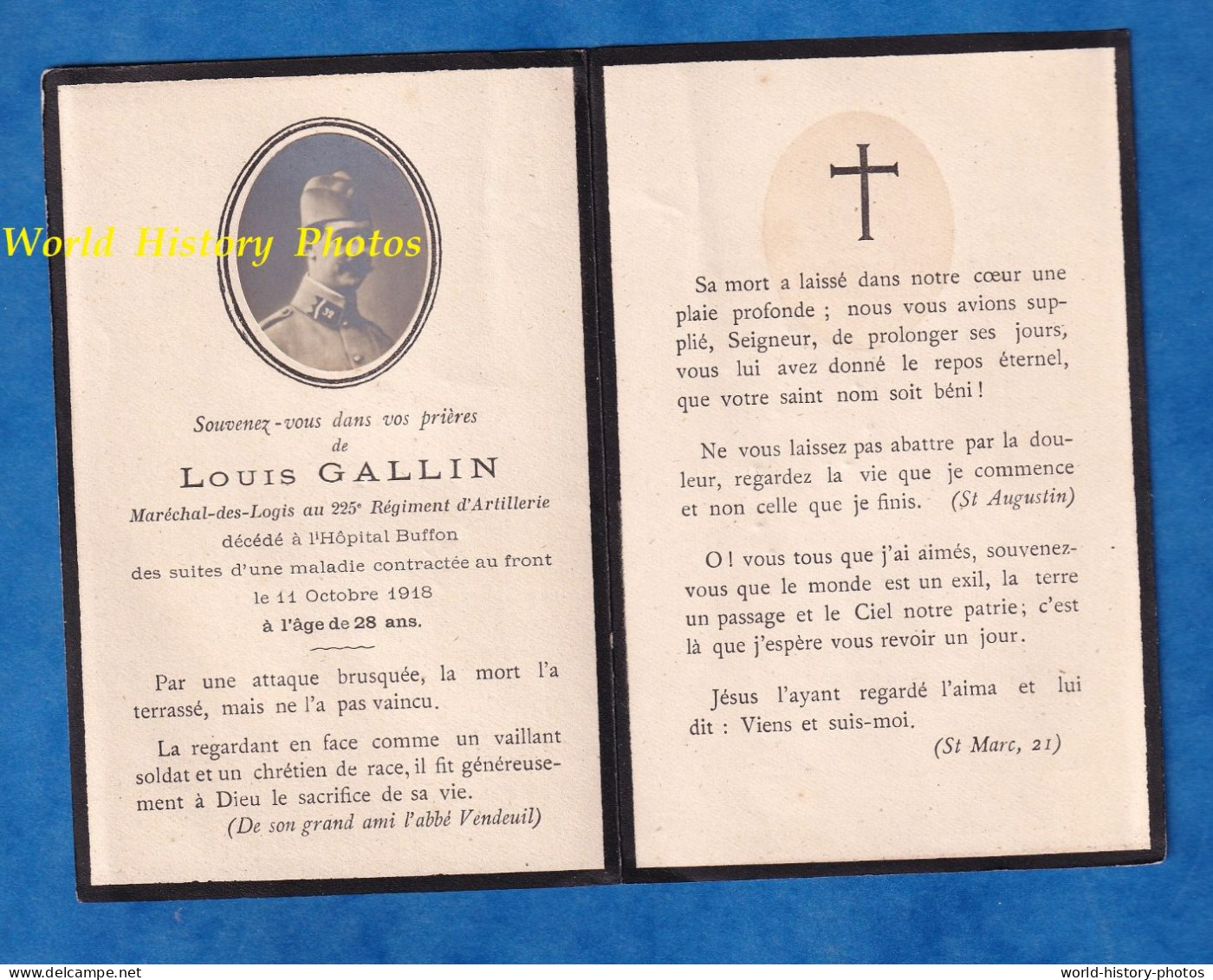 Faire Part De Décés - Poilu Louis GALLIN , 32e Et 225e Régiment D' Artillerie , Décédé à L' Hôpital Buffon , Paris - WW1 - 1914-18