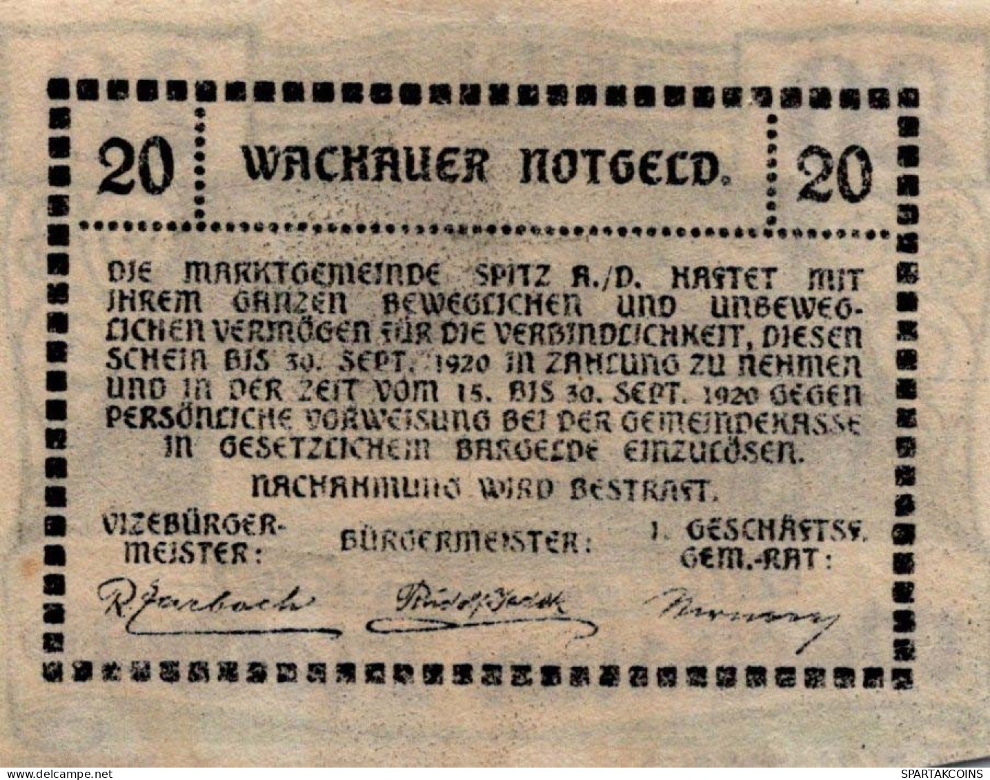 20 HELLER 1920 Stadt WACHAU Niedrigeren Österreich Notgeld Banknote #PE074 - Lokale Ausgaben