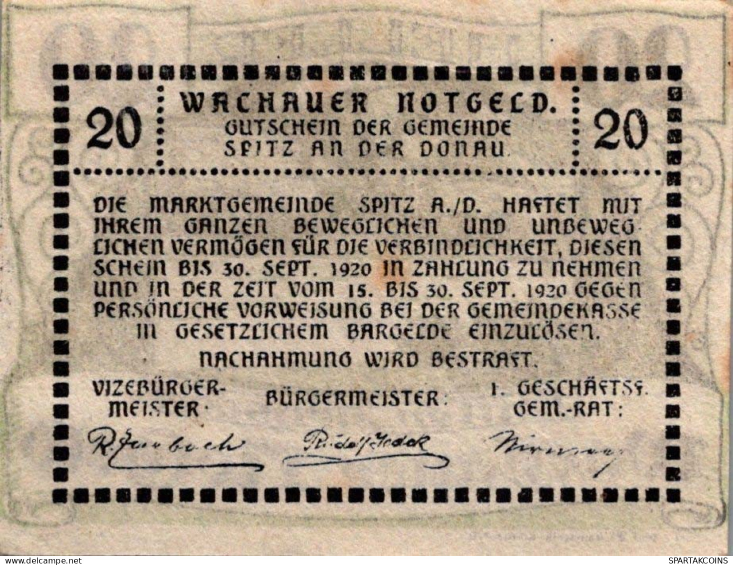 20 HELLER 1920 Stadt WACHAU Niedrigeren Österreich Notgeld Banknote #PE061 - [11] Emissions Locales