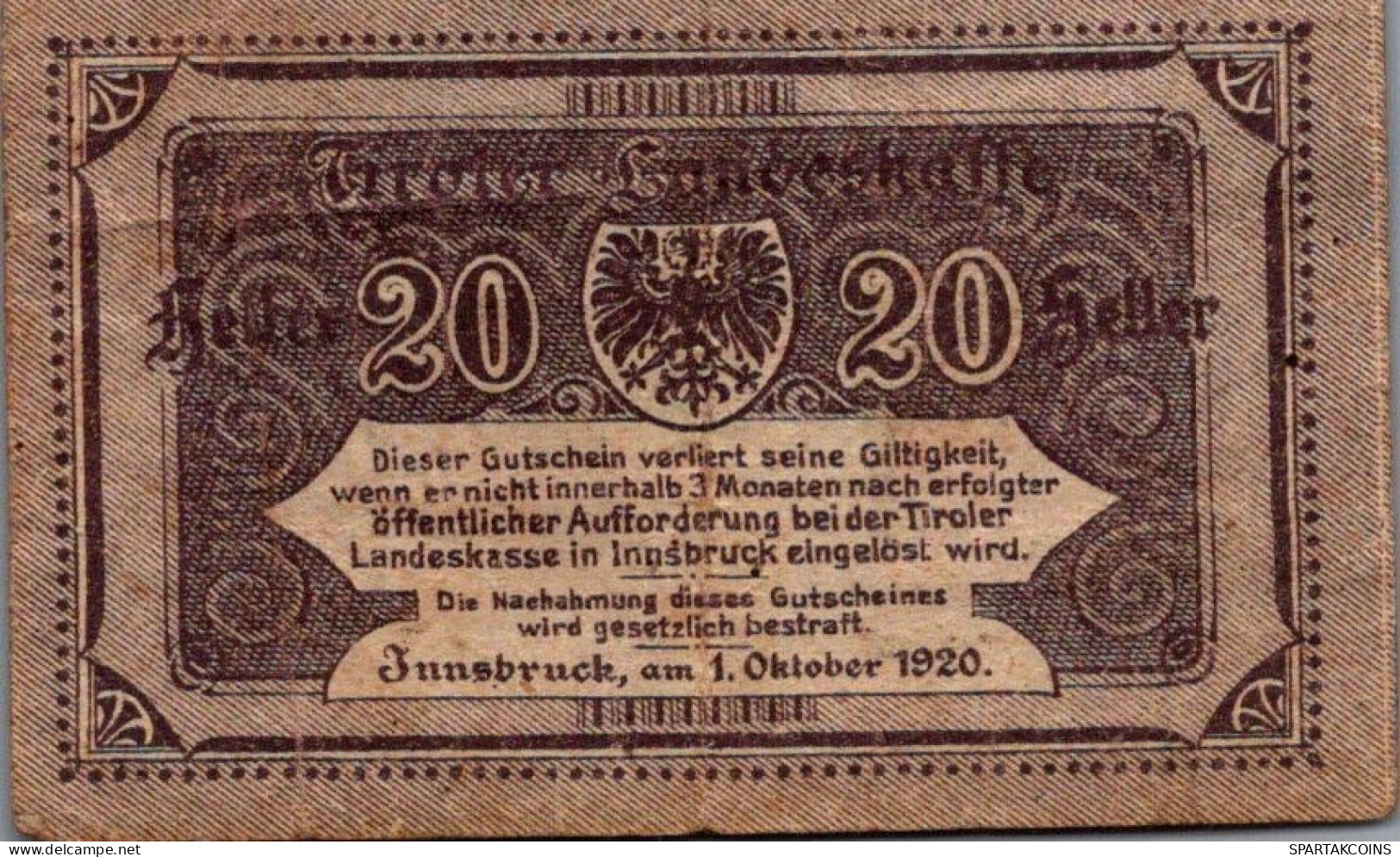 20 HELLER 1920 Stadt TYROL Tyrol Österreich Notgeld Papiergeld Banknote #PF240 - Lokale Ausgaben