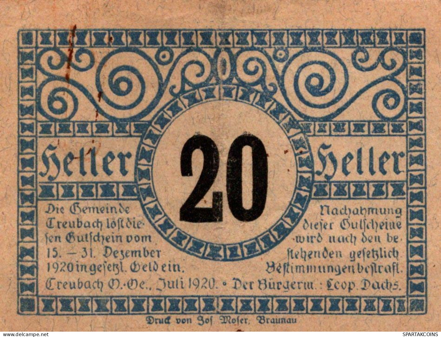 20 HELLER 1920 Stadt Treubach Oberösterreich Österreich Notgeld Banknote #PF245 - Lokale Ausgaben