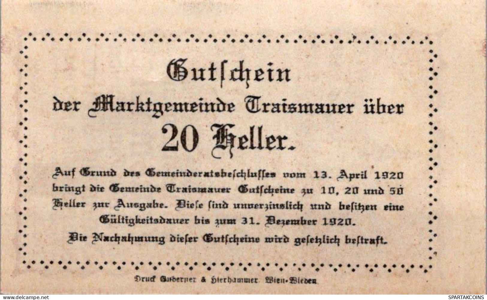 20 HELLER 1920 Stadt TRAISMAUER Niedrigeren Österreich Notgeld #PF238 - Lokale Ausgaben