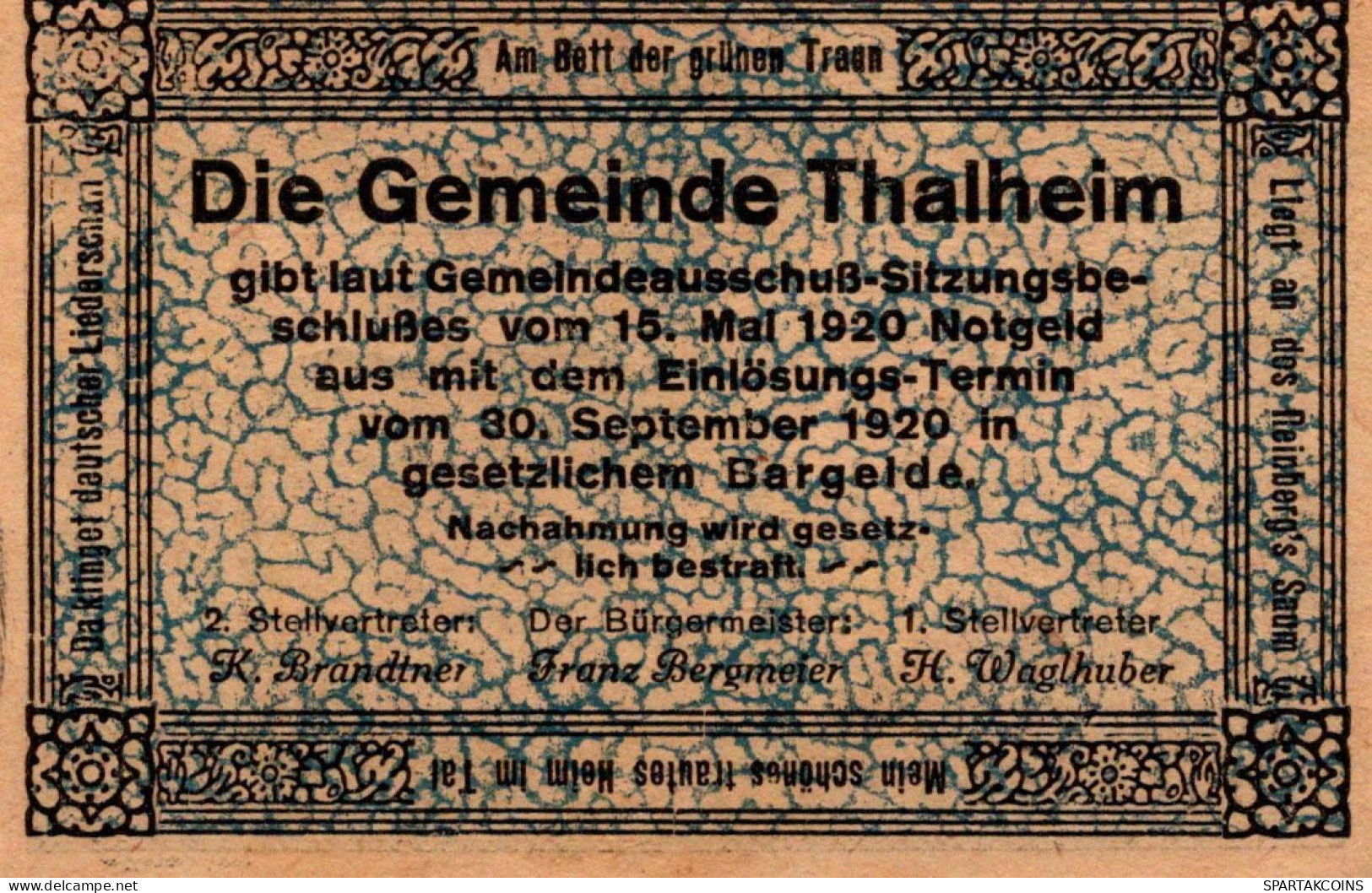 20 HELLER 1920 Stadt THALHEIM BEI WELS Oberösterreich Österreich Notgeld #PF248 - Lokale Ausgaben