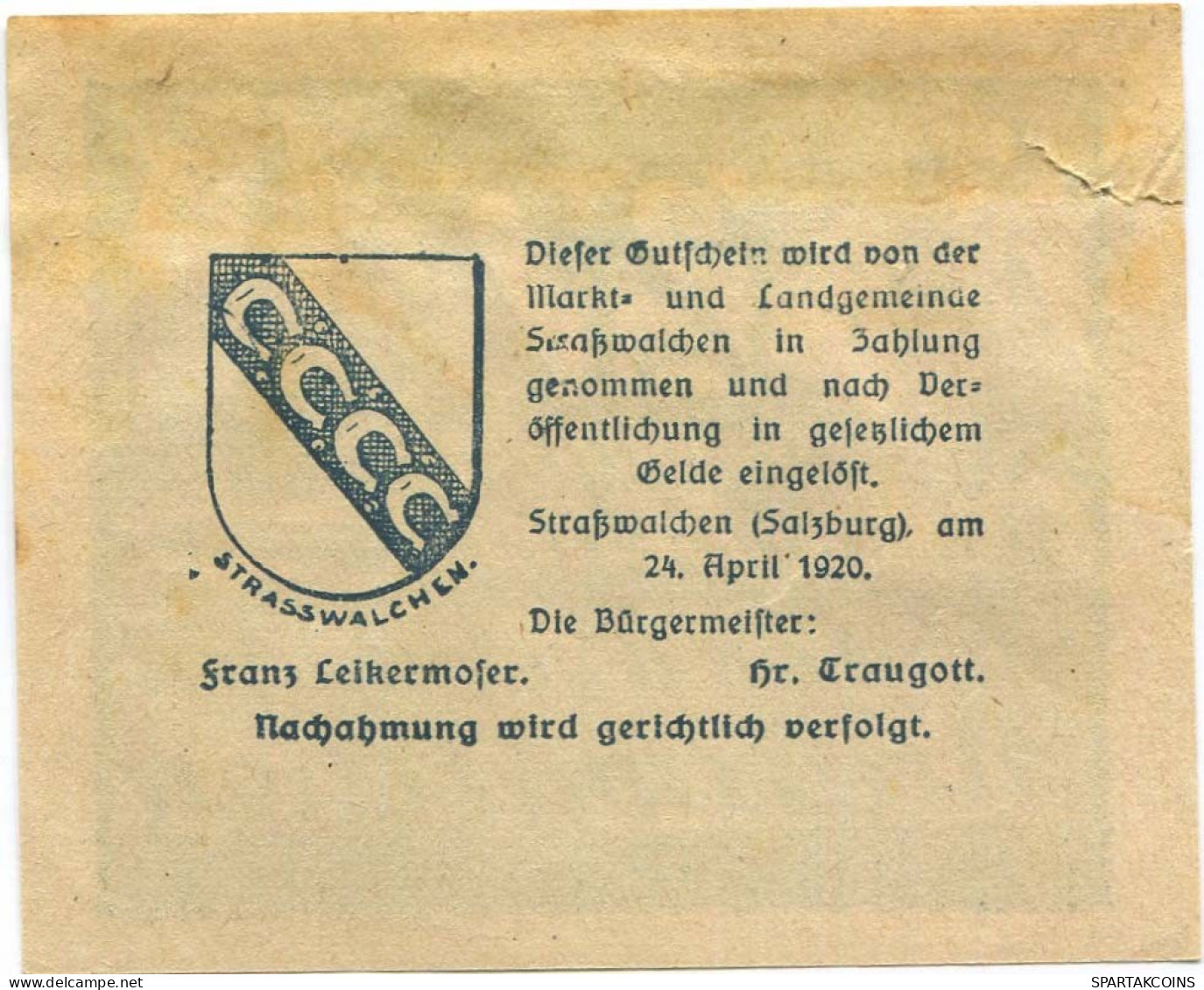 20 HELLER 1920 Stadt STRASSWALCHEN Salzburg Österreich Notgeld Papiergeld Banknote #PL810 - Lokale Ausgaben
