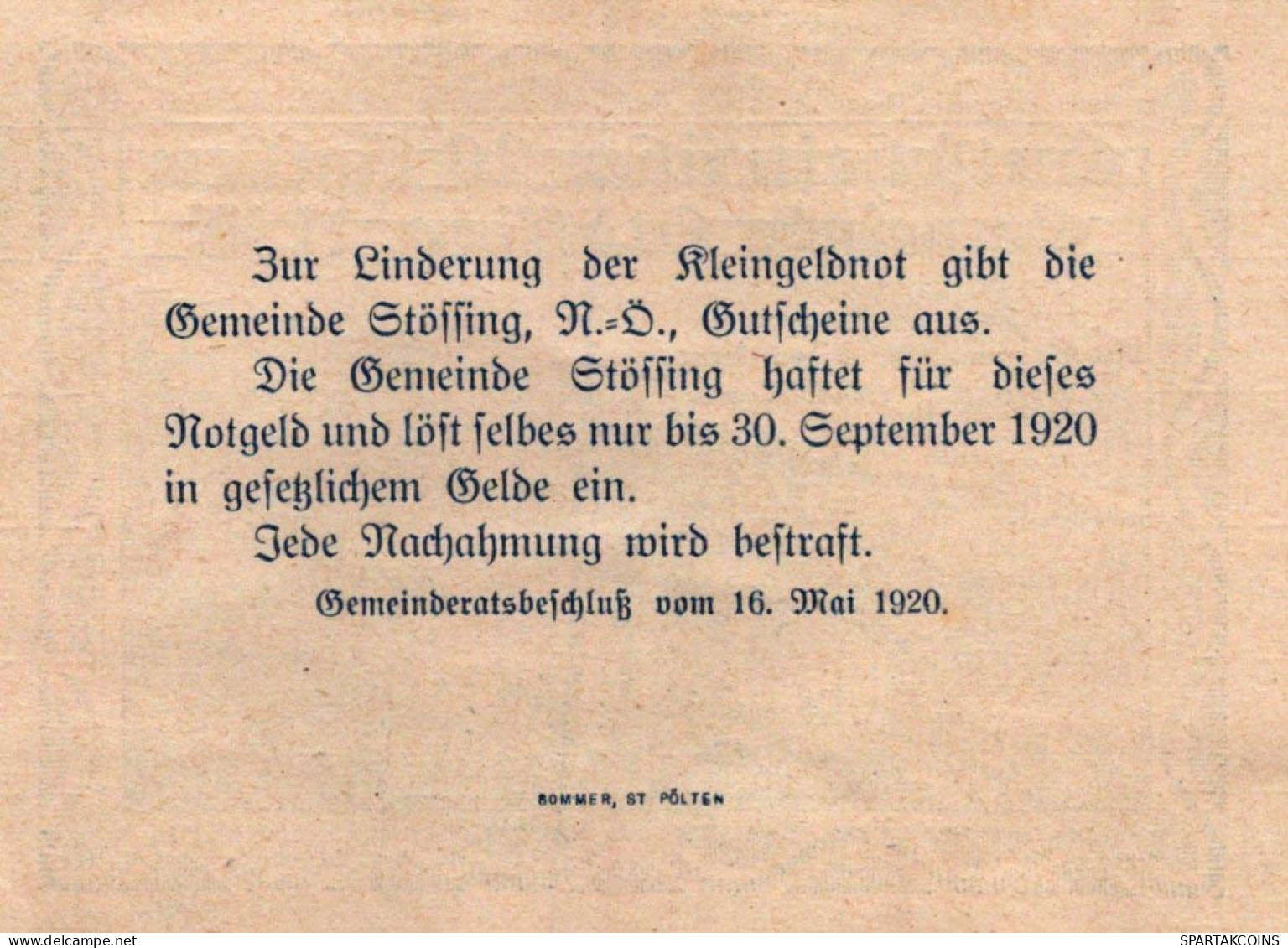 20 HELLER 1920 Stadt SToSSING Niedrigeren Österreich Notgeld Banknote #PE729 - [11] Lokale Uitgaven
