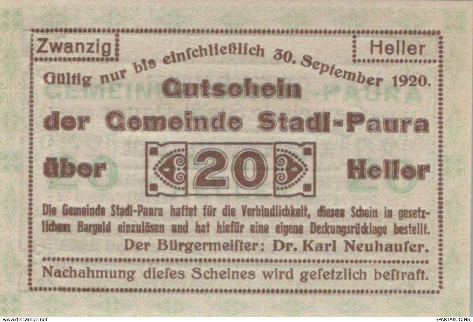 20 HELLER 1920 Stadt STADL-PAURA Oberösterreich Österreich Notgeld Papiergeld Banknote #PG770 - [11] Emissions Locales