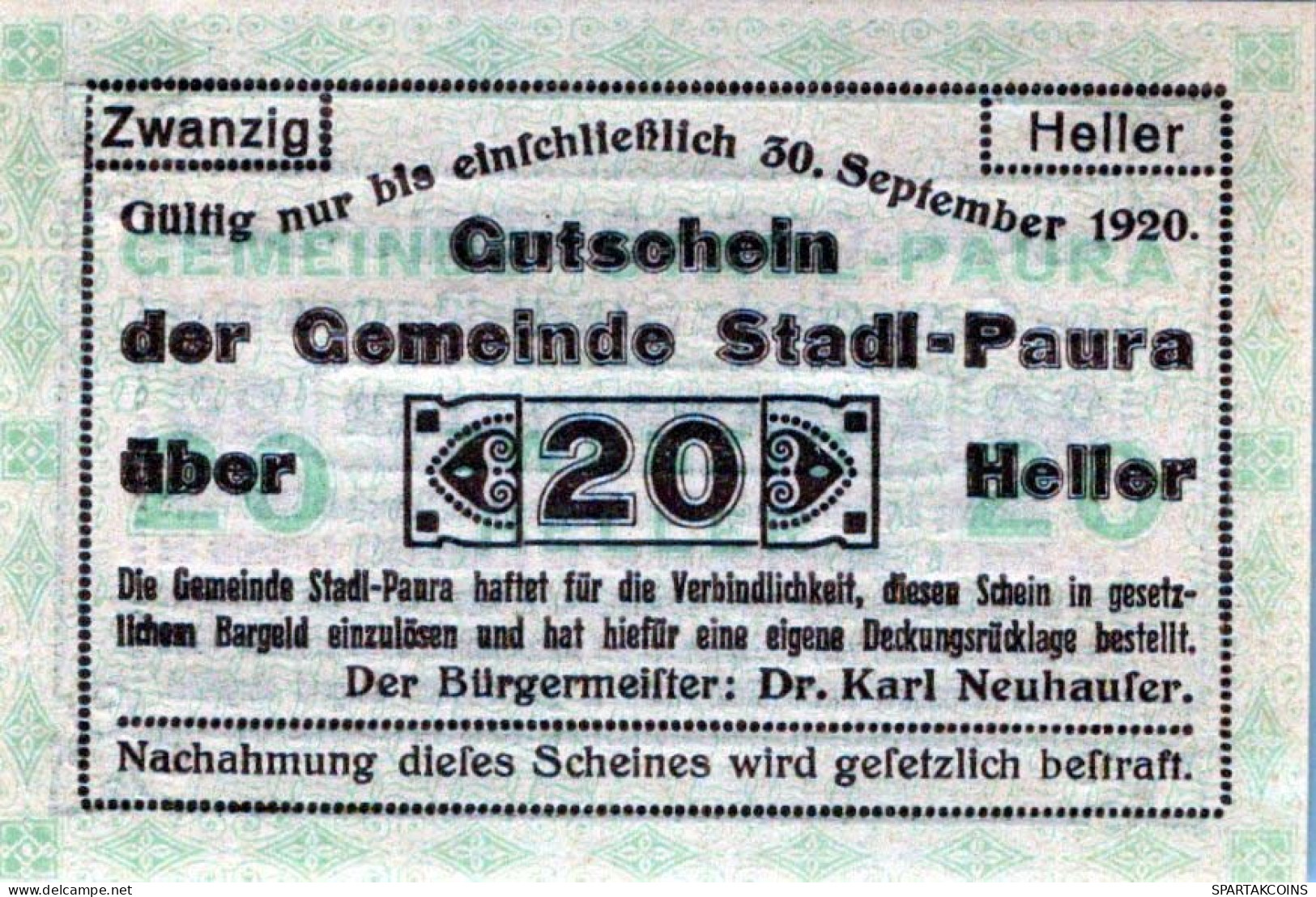 20 HELLER 1920 Stadt STADL-PAURA Oberösterreich Österreich Notgeld Papiergeld Banknote #PG770 - [11] Emissions Locales