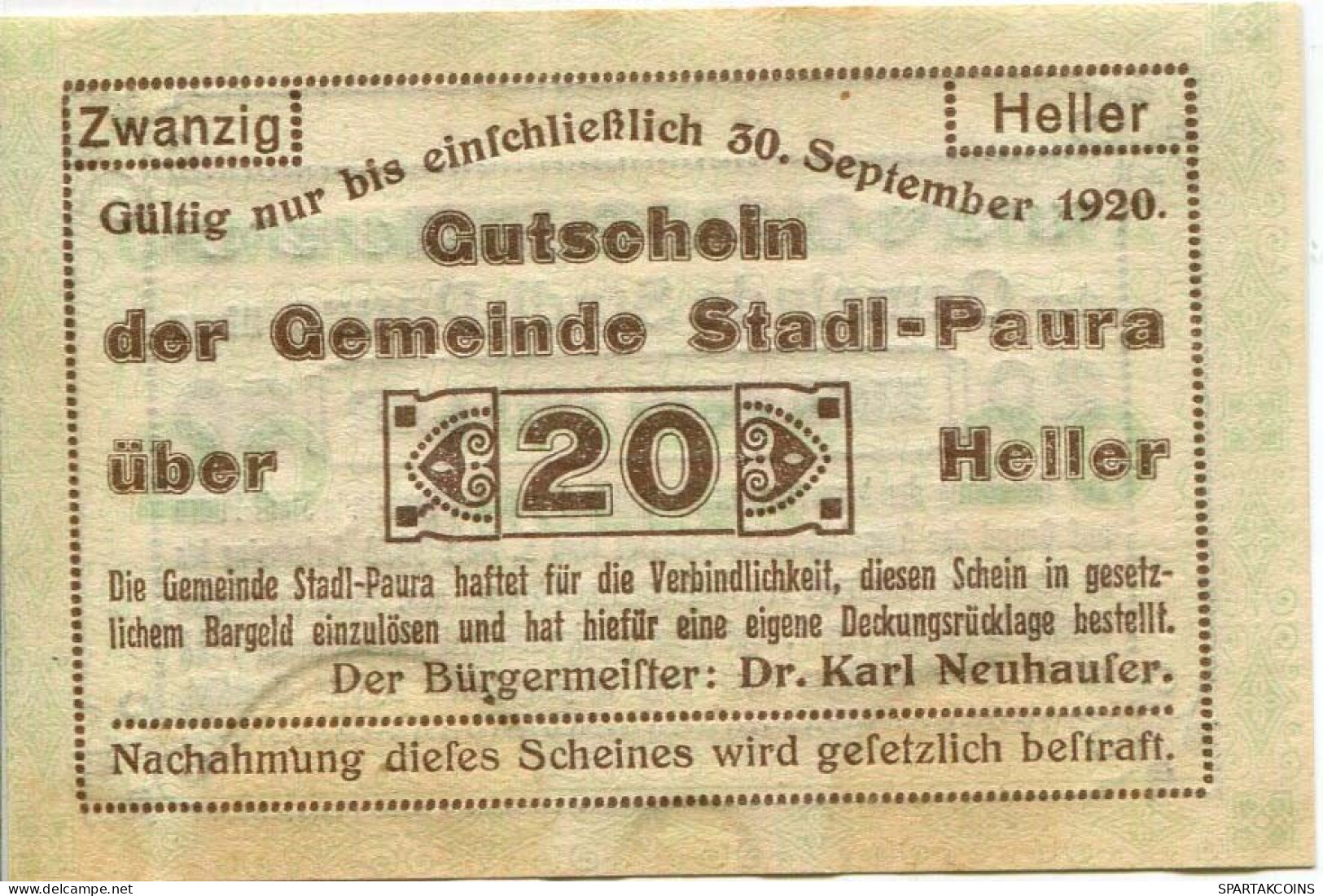 20 HELLER 1920 Stadt STADL-PAURA Oberösterreich Österreich Notgeld Papiergeld Banknote #PL884 - Lokale Ausgaben
