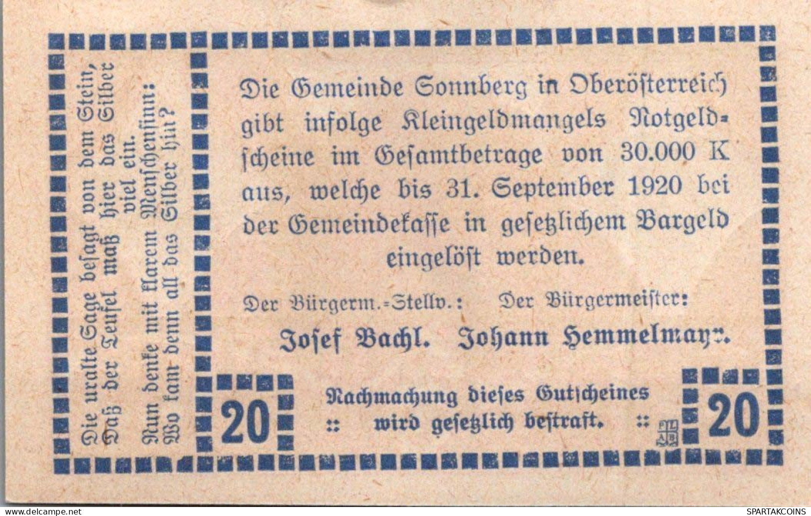 20 HELLER 1920 Stadt SONNBERG Oberösterreich Österreich Notgeld Papiergeld Banknote #PG674 - Lokale Ausgaben