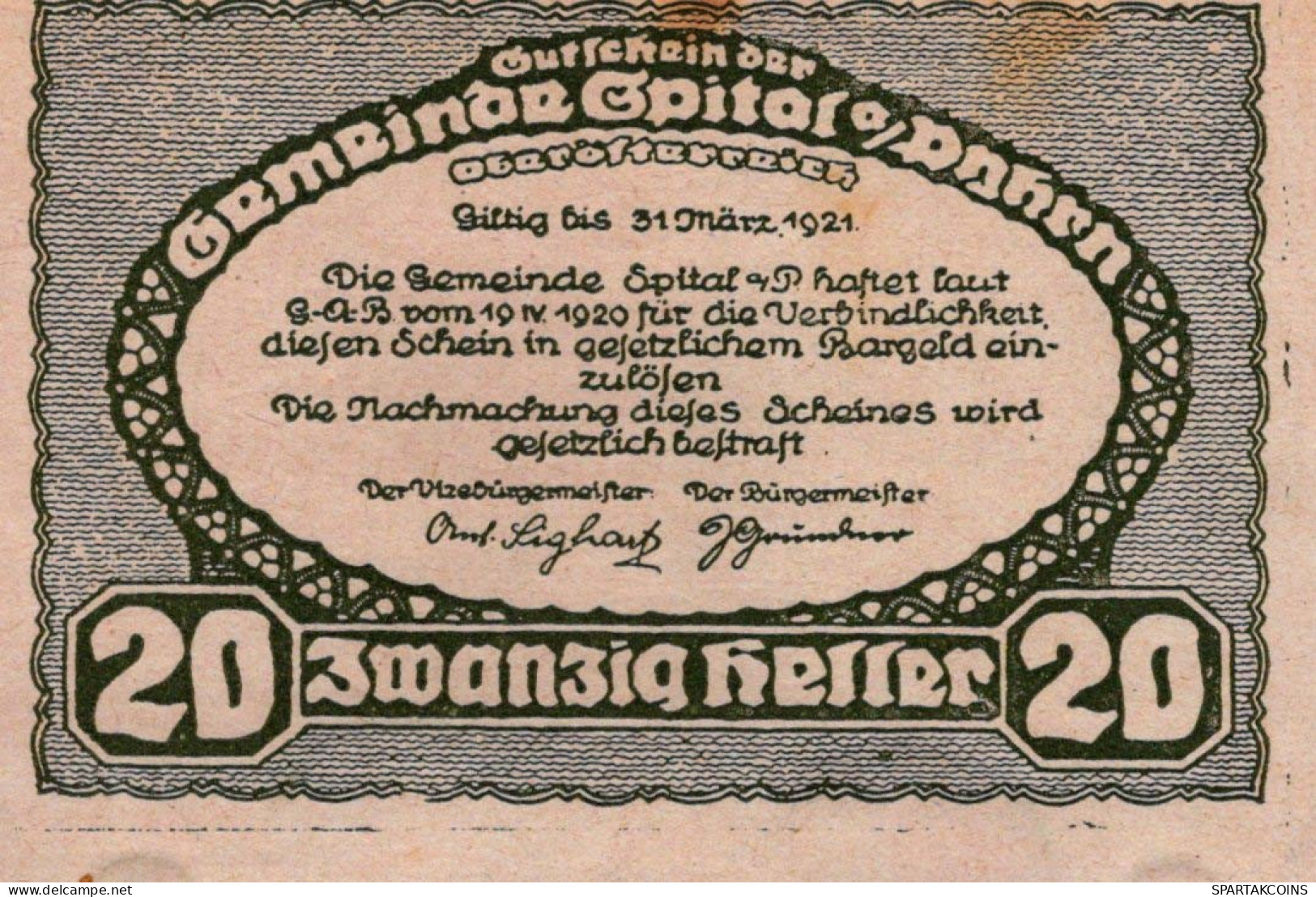 20 HELLER 1920 Stadt SPITAL AM PYHRN Oberösterreich Österreich Notgeld #PE583 - Lokale Ausgaben