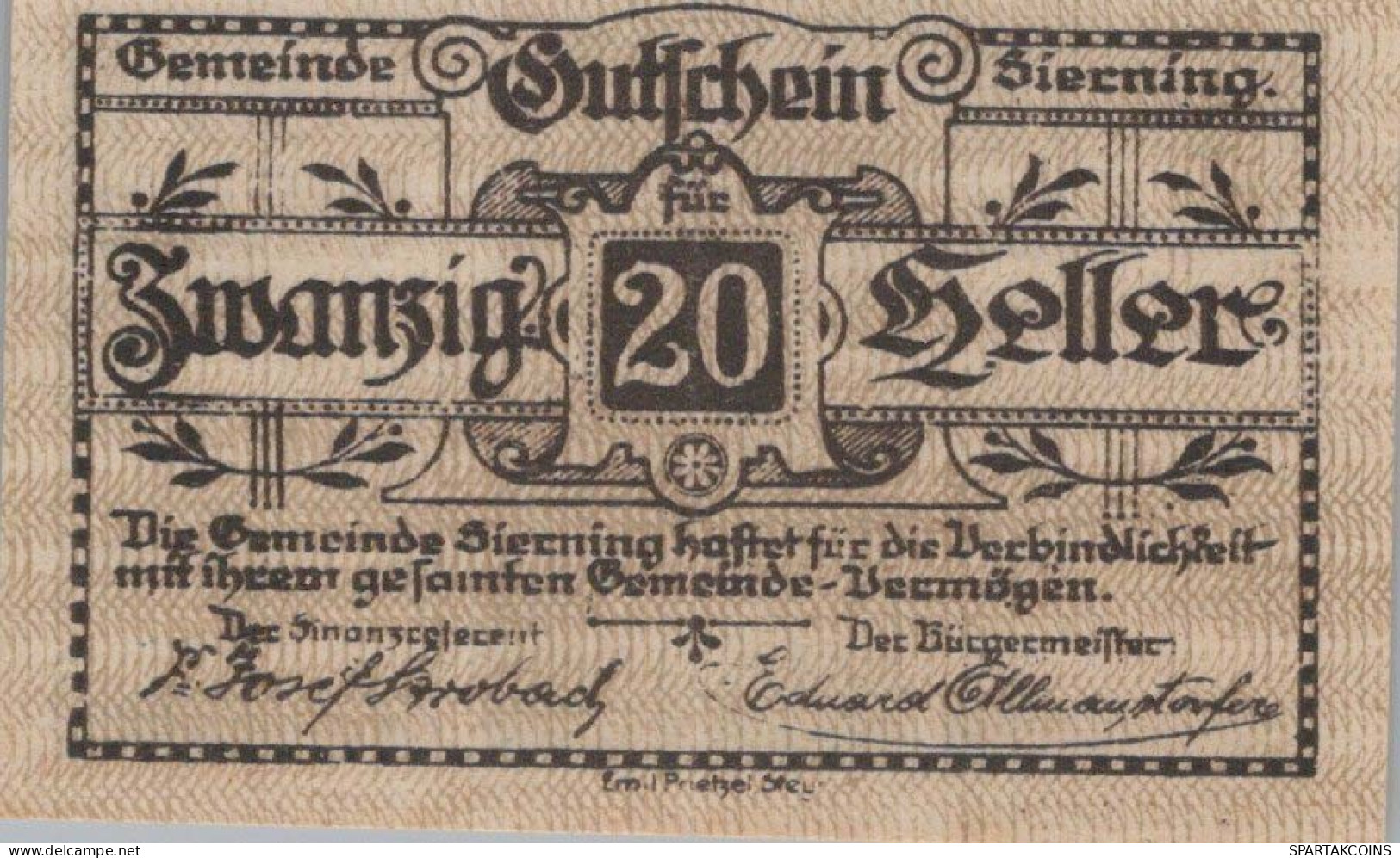 20 HELLER 1920 Stadt SIERNING Oberösterreich Österreich UNC Österreich Notgeld #PH020 - Lokale Ausgaben